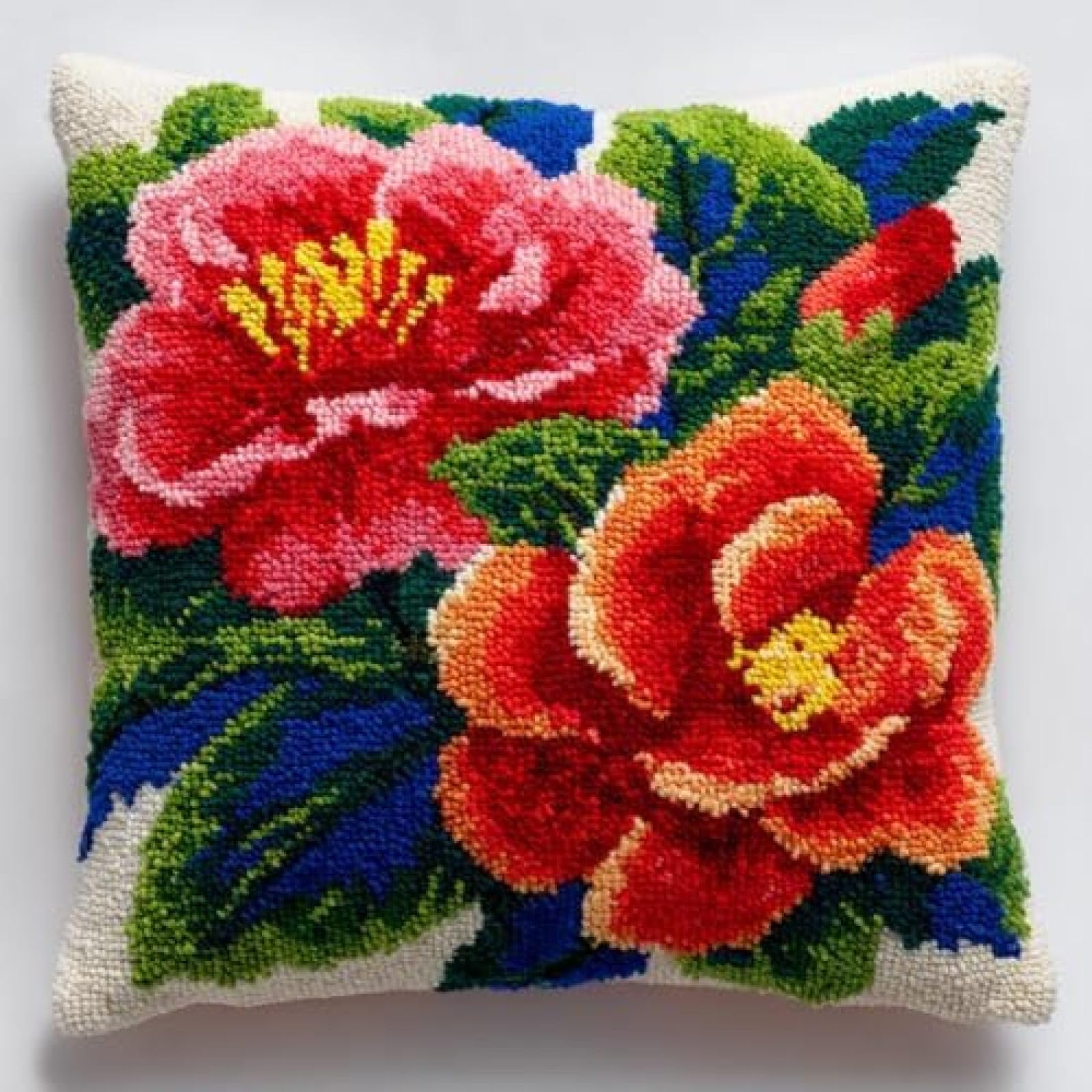 kitphoenix Latch Hook Craft Kit for Adults Beginners,Camellia Flowers and Green Leaves,DIY Cushion Cover Making Kit with Printed Canvas,Yarn and Crochet Hook,43x43 cm Decorative Pillow Cover