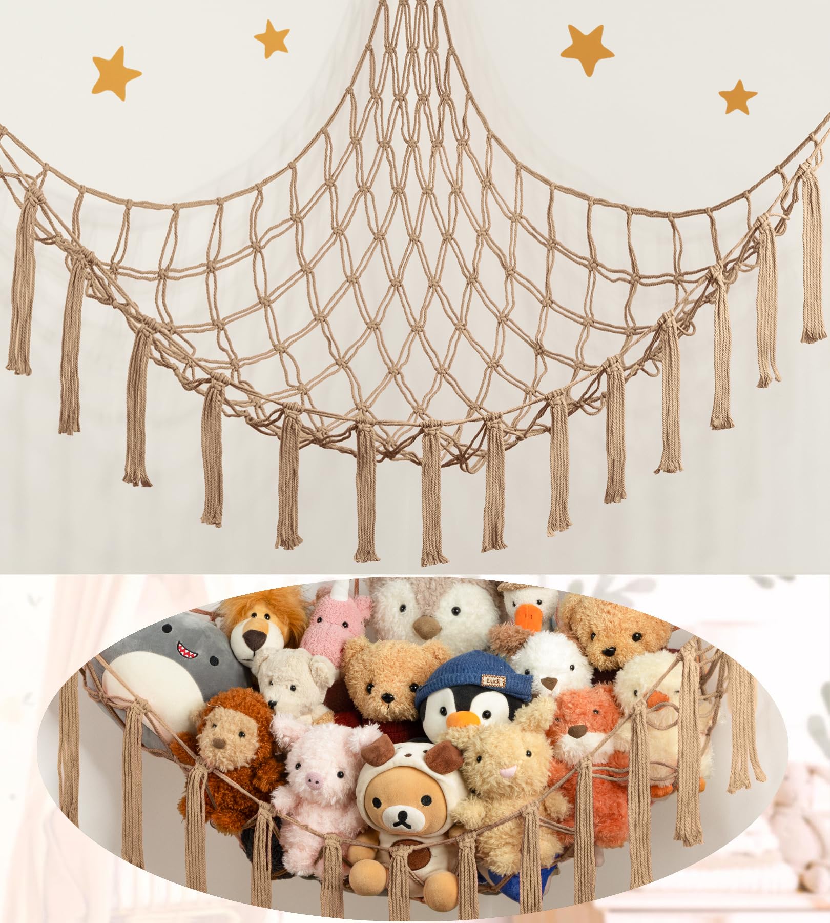 Stuffed Animal Storage Hammock or Net Corner - Large Toy Hammock Net for Stuffed Animals Room Decor - Cute Stuff Animal Organizer Plush Holder - Kids Baby Nursery Essentials Wall Bedroom Home Decor