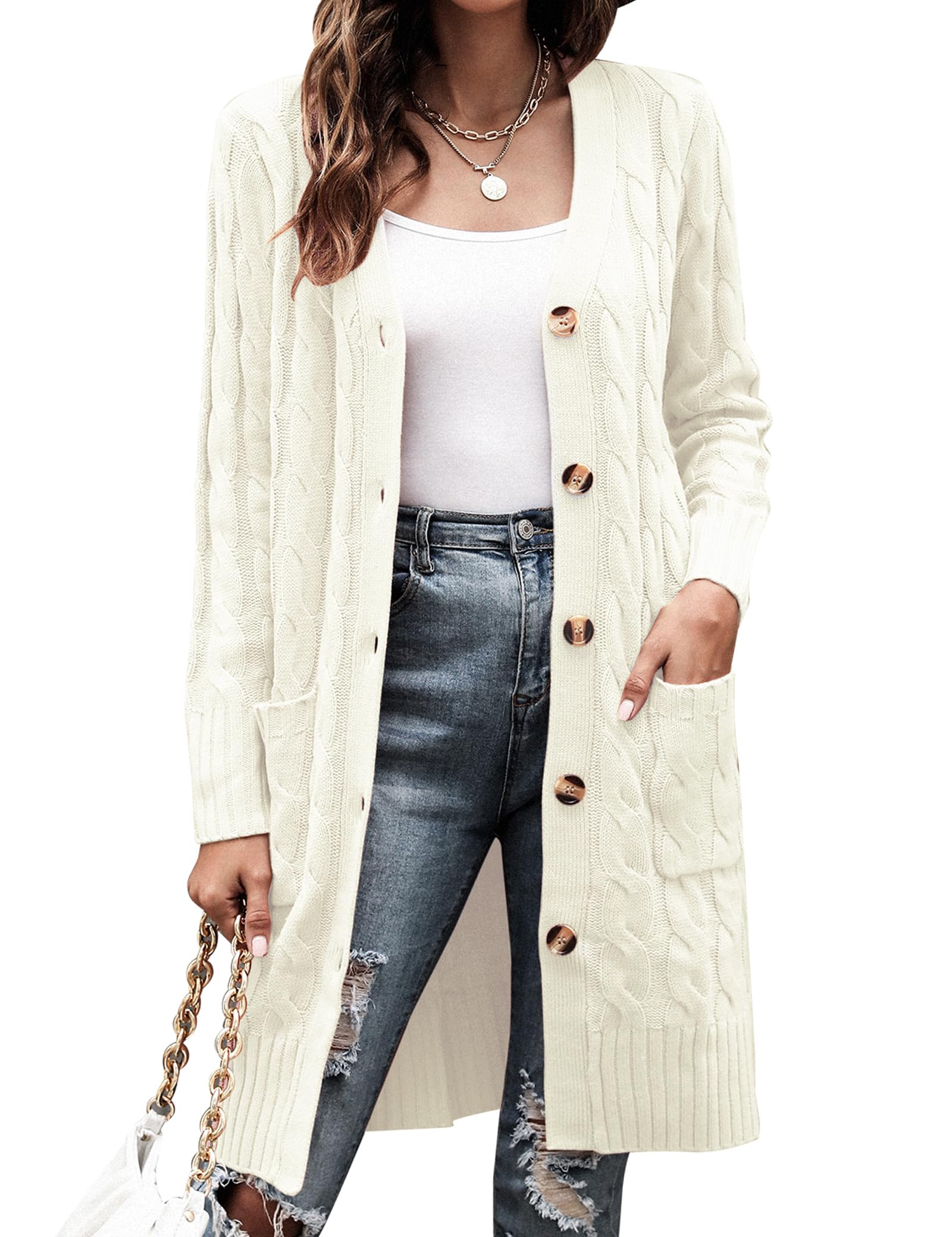 Aottori Strickjacke Damen Lang Elegant Cardigan Grobstrick Langarm Strickcardigan Open Front Pullover Strick mit Knöpfe und Taschen für Herbst Winter
