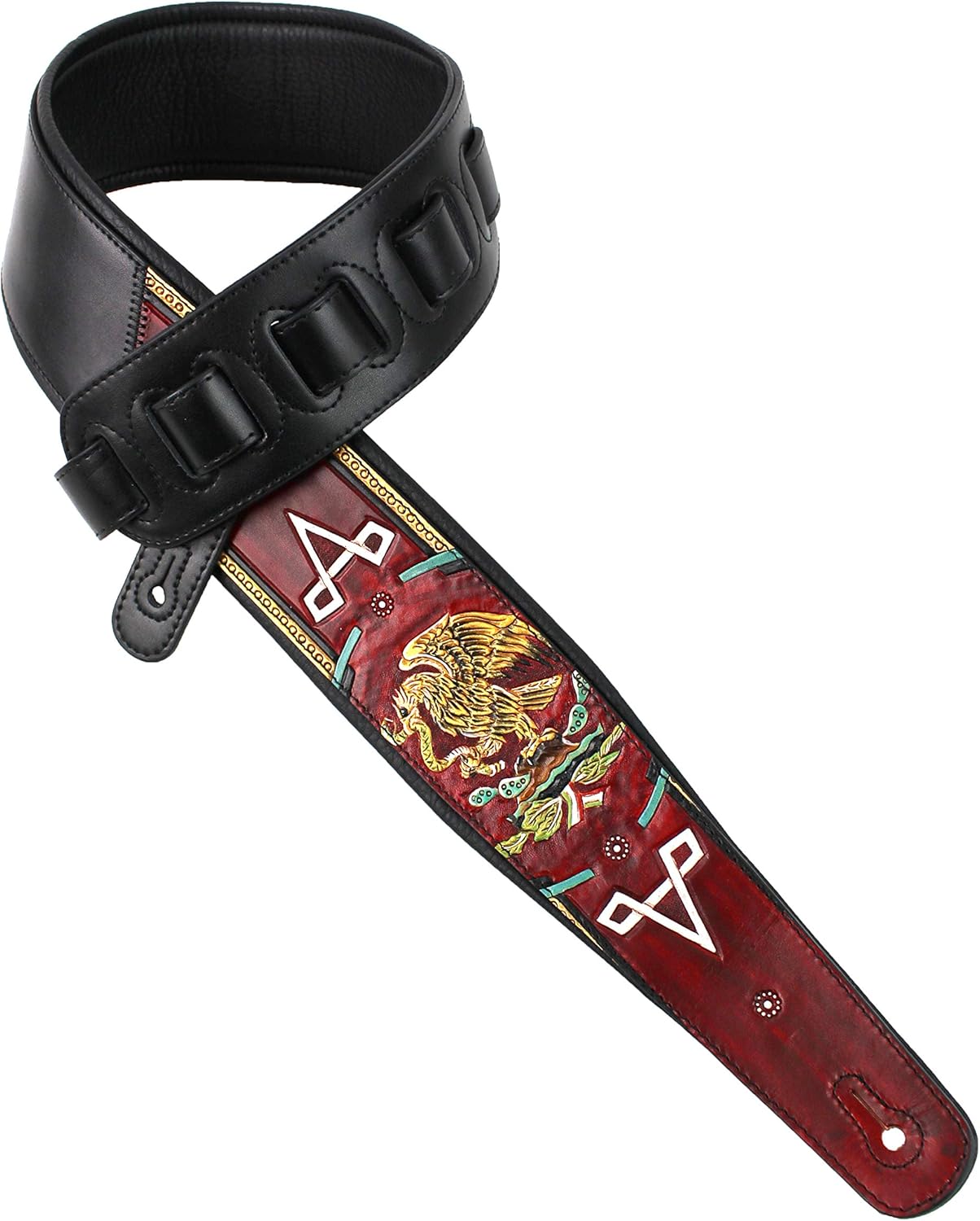 Walker And Williams KB-52-RD Handmade Heritage Series Black And Red Guitar Strap With Mexican Coat Of Arms Design On Scarlett Red Carved Leather