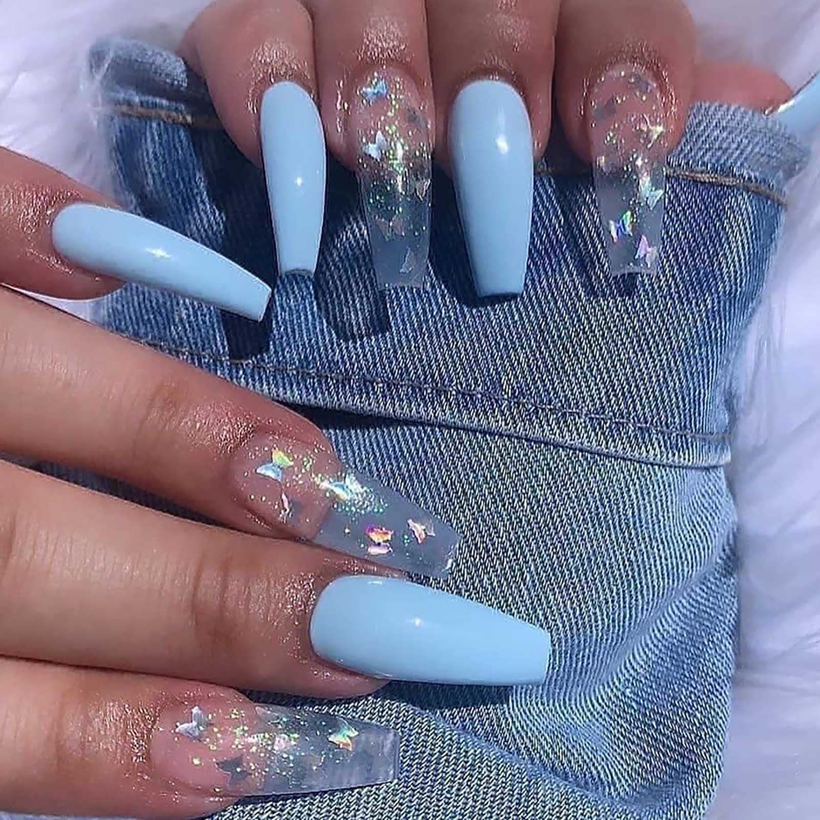 24 Pcs Coffin Press on Nails Long, Sunjasmine Fake Nails Glue on Nails, Glossy False Nails with Glue, Acrylic Nails for Women and Girls (Blue Mixed Butterfly)