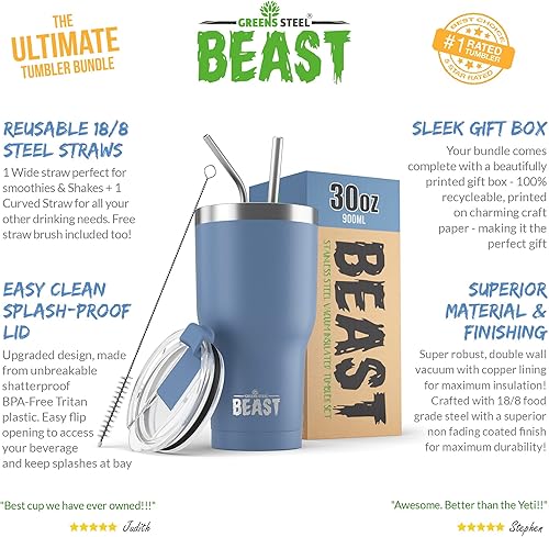 Miniatura 2 de BEAST - Juego de vasos de 30 onzas con asa, color azul cielo tormentoso, taza de café de acero inoxidable + 2 cepillos para pajillas, caja de regalo