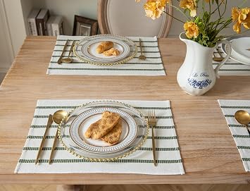 Boho Farmhouse Placemats Set of 6, Green Beige Stripes Cotton Linen Woven Table Mats for Modern Dining Table, 13x19 Inch Rustic Kitchen Decor Place Mats