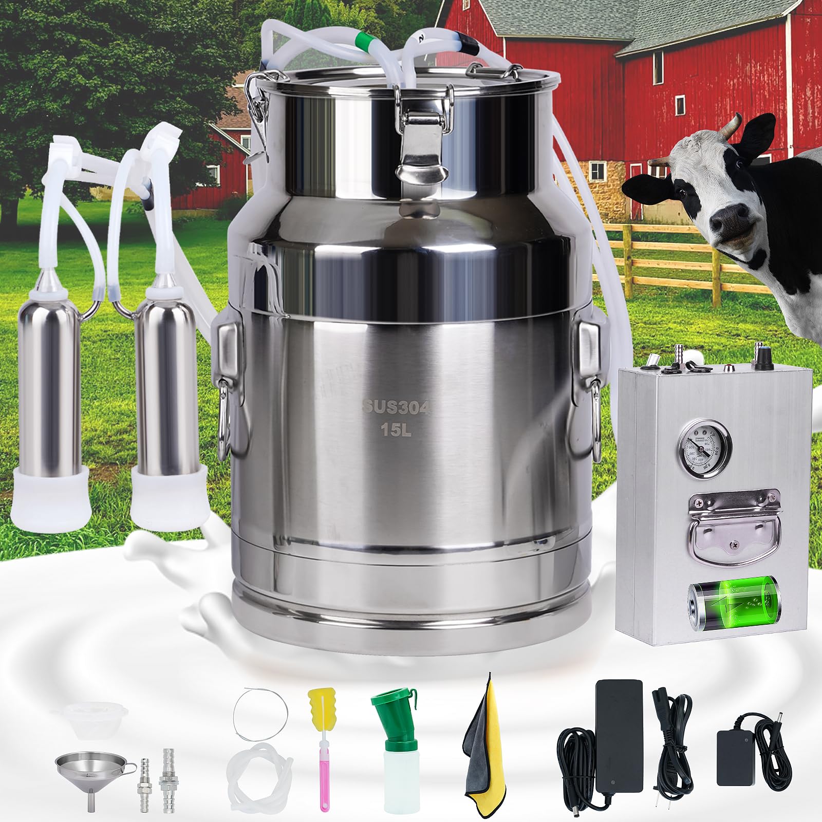 15L Rechargeable Cow Milking Machine Portable Battery Powered Cow Milker Automatic Electric Pump Powerful Vacuum Milker Machine Adjustable Milking Machine for Home Dairy Cows