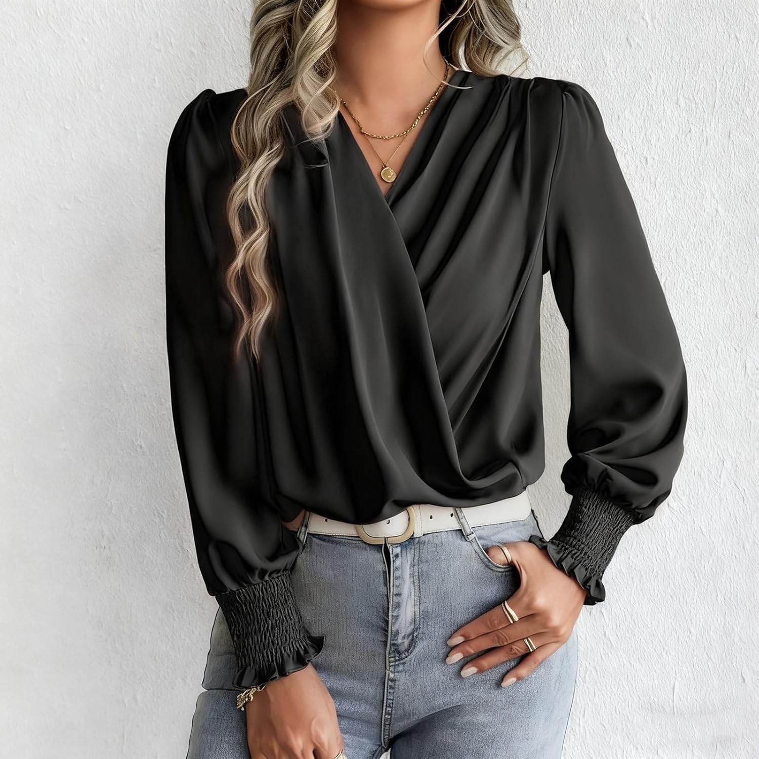 Women Wrap V Neck Long Sleeve Shirt Dressy Casual Business Work Top Elegant Lightweight Loose Blouse with Smocked Cuffs