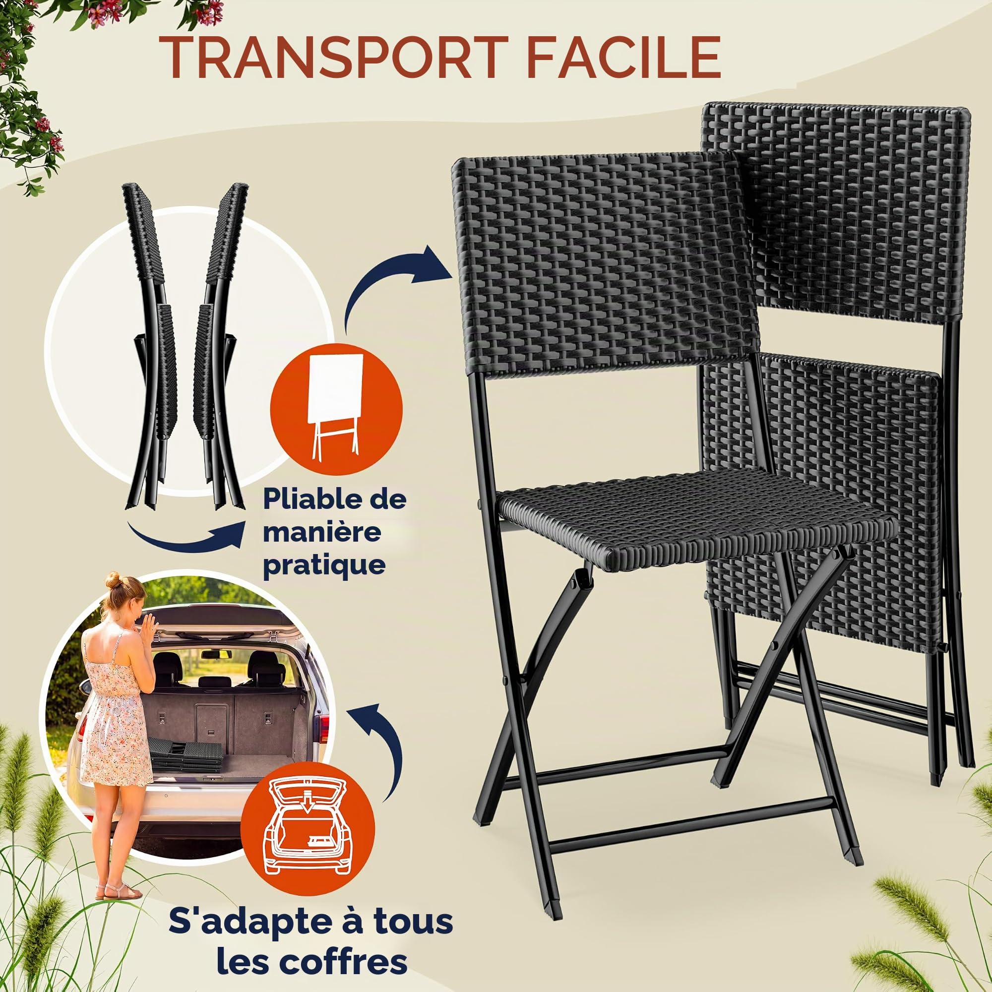 Casaria Chaise Pliante en polyrotin Set de 2 Charge Max. 120 kg Légère Résistante aux intempéries Jardin Terrasse Balcon Camping Chaise