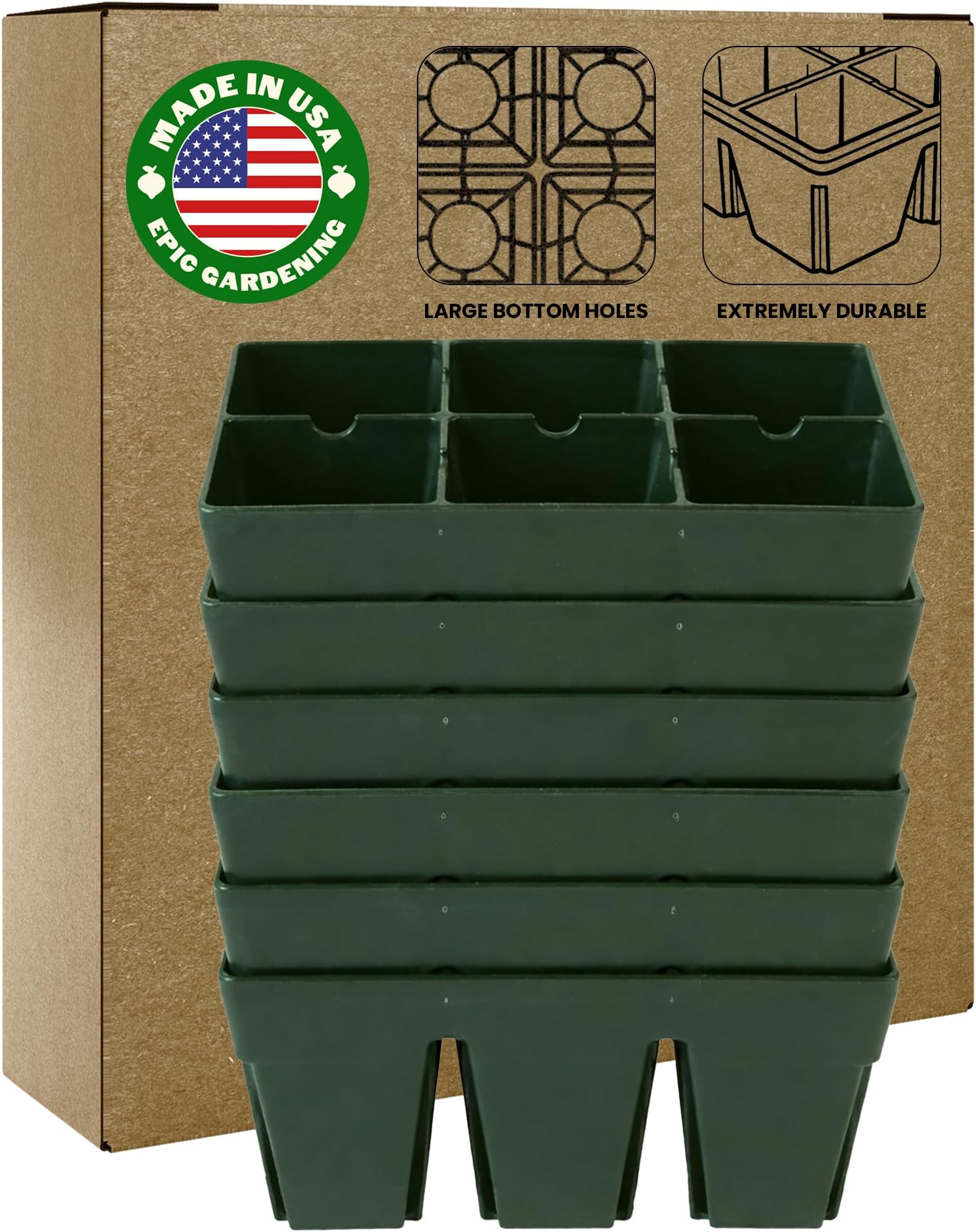 Epic Gardening Reusable Seed Starter Tray - Easy Watering Seed Starting Trays - Gardener Friendly Plant Trays for Seedlings | UV-Treated & BPA-Free -6-Cell Seed Starting Trays - 6 Trays/Sage Green