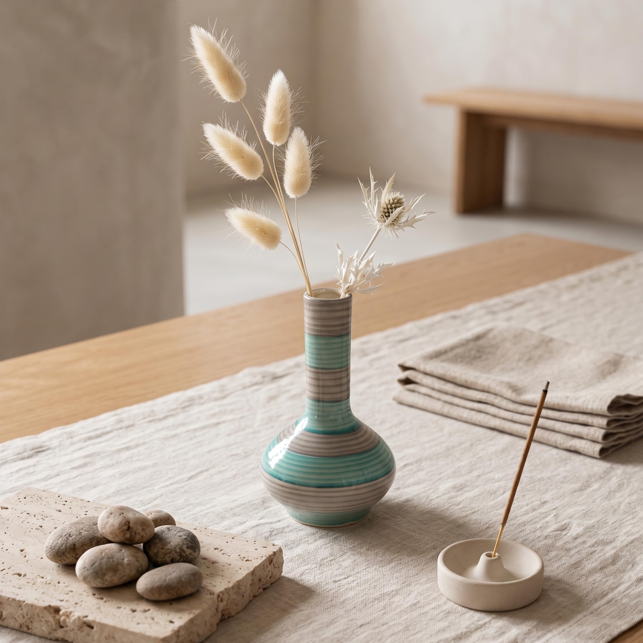 KREATIVE ART'S Ceramic Bud Vase, Globular Shape, Glossy Finish, Modern Style, 5 INCH (1, Grey and Blue Ring)