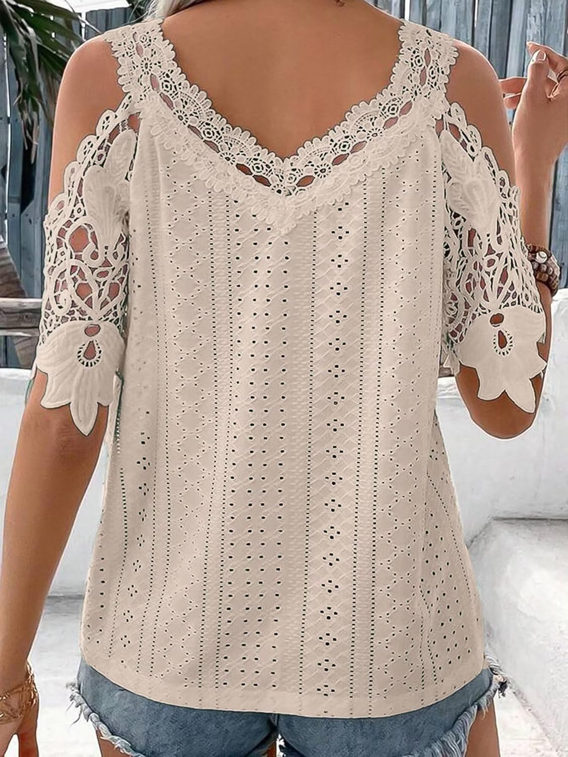 Flamingals Women's Cold Shoulder Eyelet Short Sleeve Hollow Out Lace Floral Sleeveless Blouse Top Large