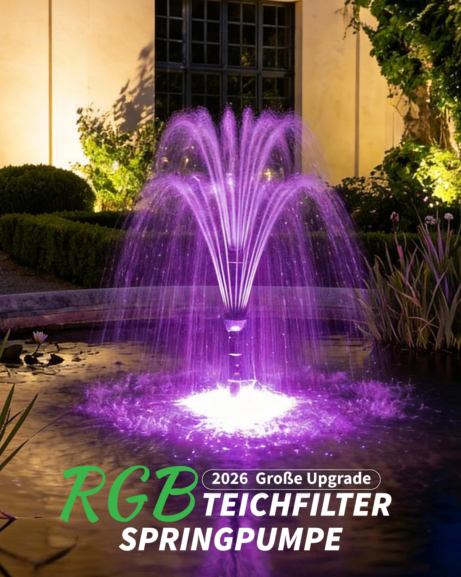 POPOSOAP Filtro de estanque con clarificador UV, bomba de estanque de 2500 l/h y juego de filtros con luces LED RGB, fuente todo en uno para estanques exteriores de hasta 6000 litros