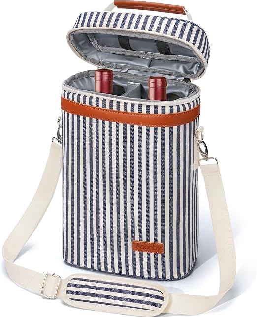 2 Bottle Wine Bag Wine Carrier Wine Gift Tote Bag, Leakproof & Insulated Wine Cooler Bag Wine Bottle Bag for Travel, BYOB, Beach, Dinner, Party, Christmas Gifts for Wine Lovers Women Men -Navy Str...