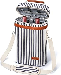 2 Bottle Wine Bag Wine Cooler Carrier Wine Gift Tote Bag, Leakproof & Insulated Bottle Bags for Travel, BYOB, Beach, Dinner, Party, Christmas Gifts for Wines Lovers Women Men - Navy Stripe