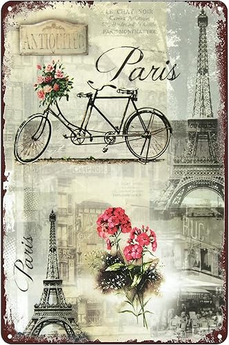 Letreros de metal vintage  Póster de jardín hermosas flores para bicicleta, torre Eiffel en París  Placa de decoración de pared para el hogar,