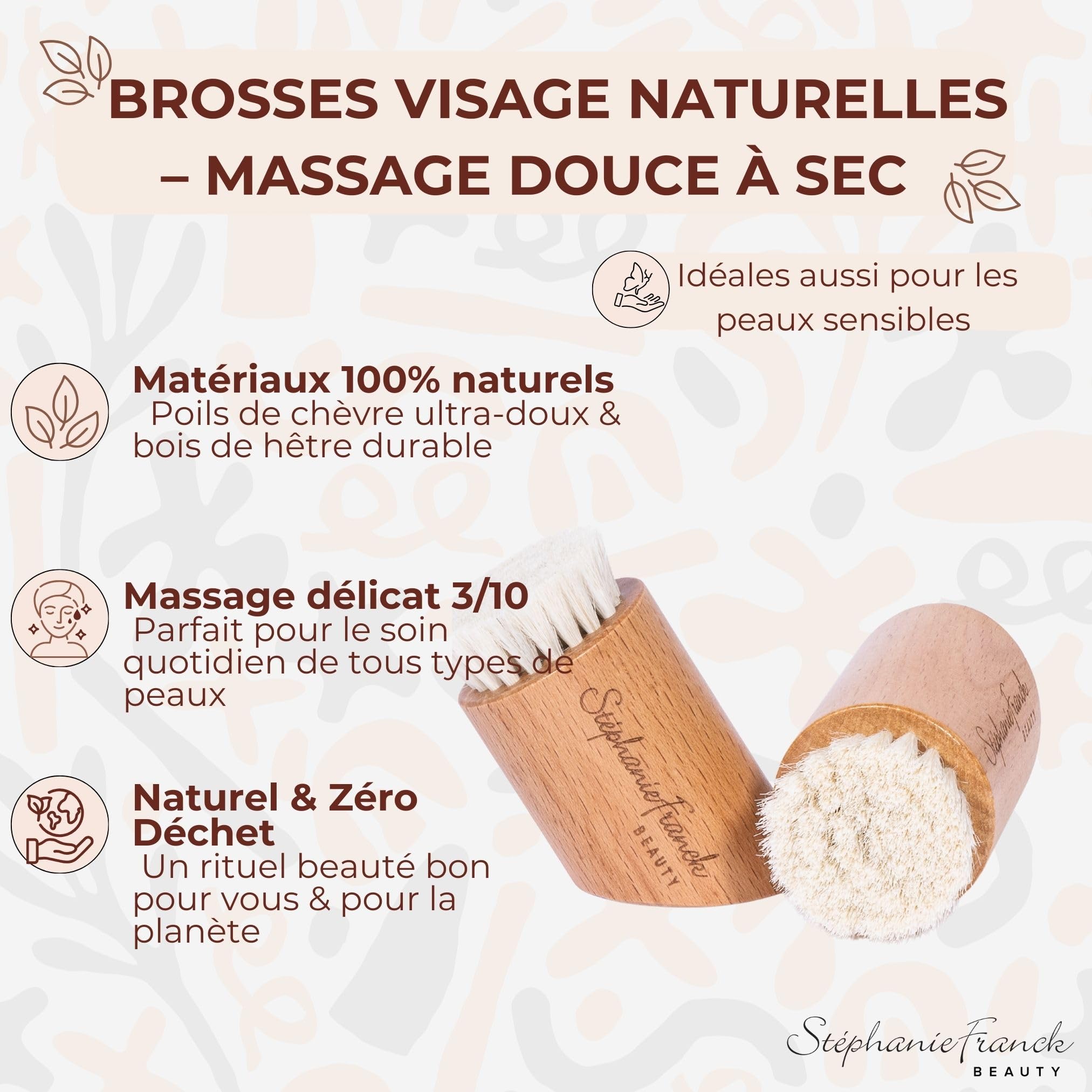 Stéphanie Franck Beauty – Set de 2 Brosses Visage Douces à Sec – Massage À Deux Mains & Exfoliation Naturelle – Bois de Hêtre & Poils de Chèvre – Soin Peau Sensible – Routine Skincare Zéro Déchet