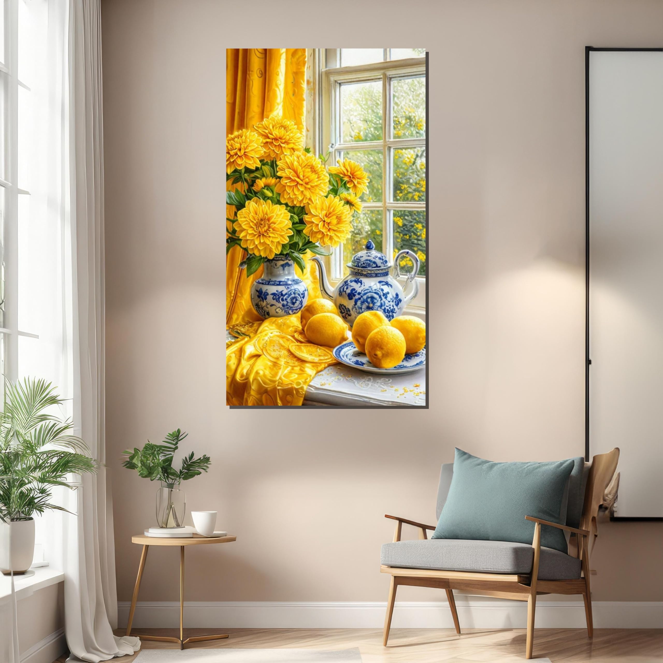 CAOXTART Obraz z żółtymi kwiatami, niebieski obraz na płótnie z Chin, jasna kwiatowa sztuka ścienna, cytryny martwa natura, plakat i wydruki, wystrój pokoju (65 x 120 cm/rama wewnętrzna)
