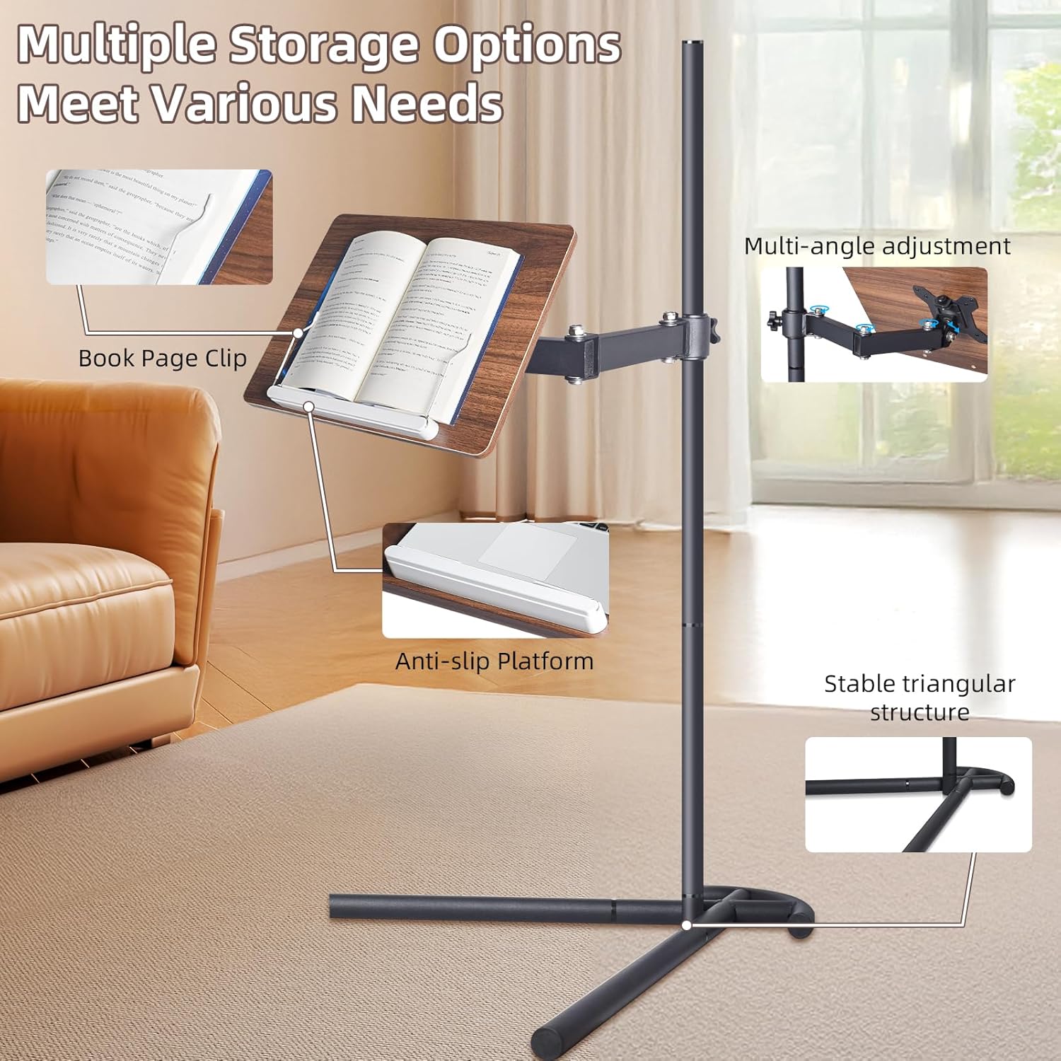 Adjustable Laptop Floor Stand for Bed and Couch, Premium Wood Laptop Tray & Book Stand for Reading, Ergonomic Bed Stand & Book Holder for Tablet/iPad - V-Shaped Base