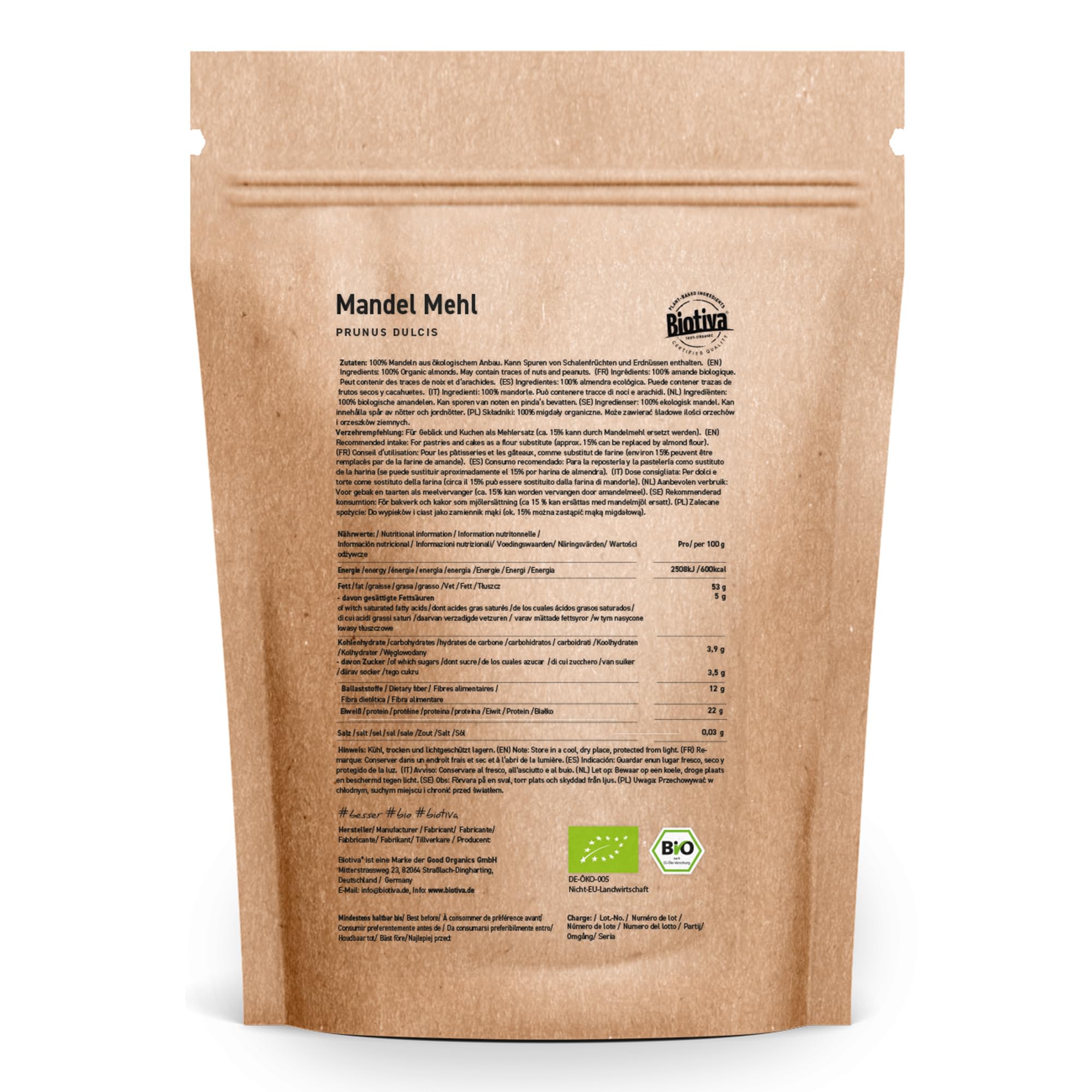 Biotiva Harina de almendra orgánica 1000g sin gluten rica en fibra y proteínas