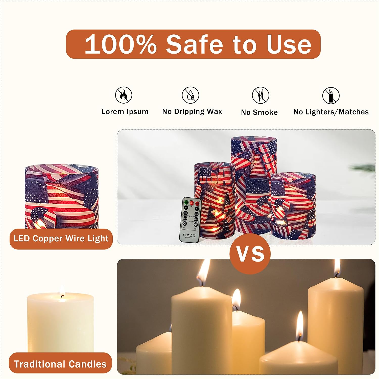 Printed Flameless Candles with String Lights - Set of 3 USA Flag Battery Operated Candle Flickering Floral LED Pillar Candles with Timer Remote for Home Decor Romantic Ambiance,Flag