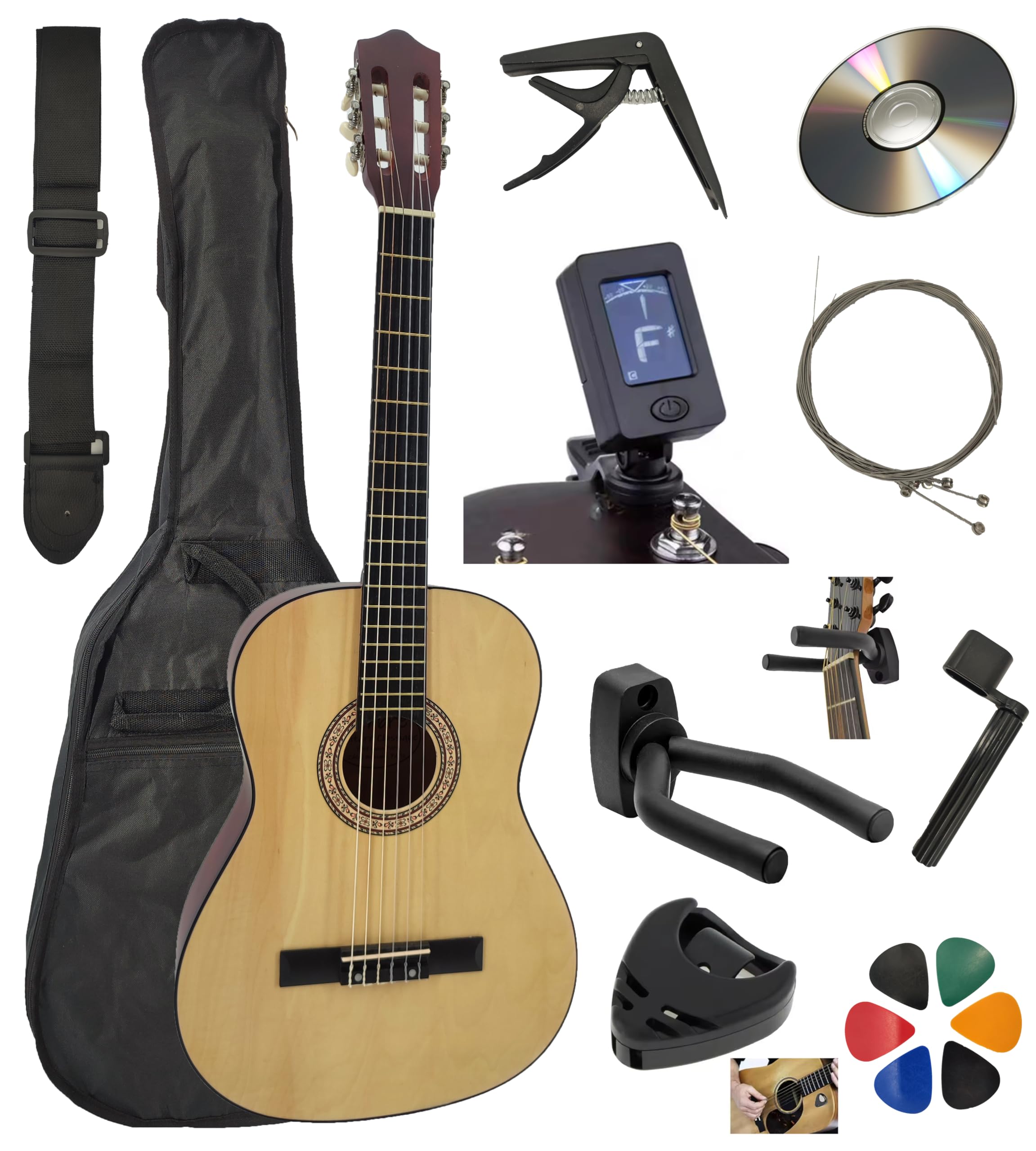 Gitara koncertowa z zestawem akcesoriów, 4/4 (dla dorosłych), 8/6 3/4 1/2 1/4 (dzieci), z 7 akcesoriami 3/4 naturalnymi