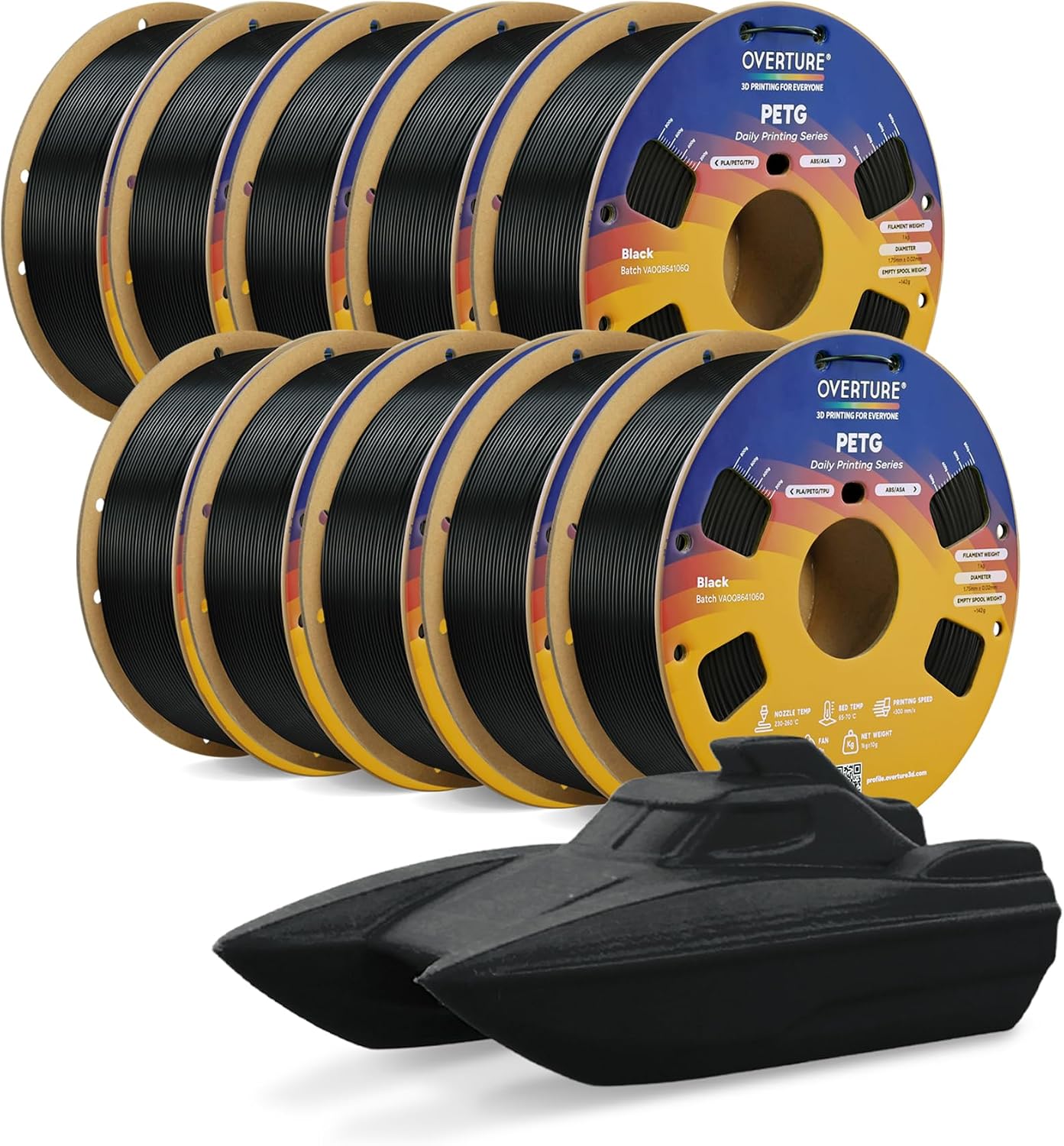 OVERTURE PETG Filament 1.75mm Bundle 10kg, High Speed 3D Printer Filament, Neatly Wound & Clog-Free, 10 Pack 1kg(2.2lbs), Accuracy  /- 0.02mm, Fit Most FDM Printers (Black 10 Pack)