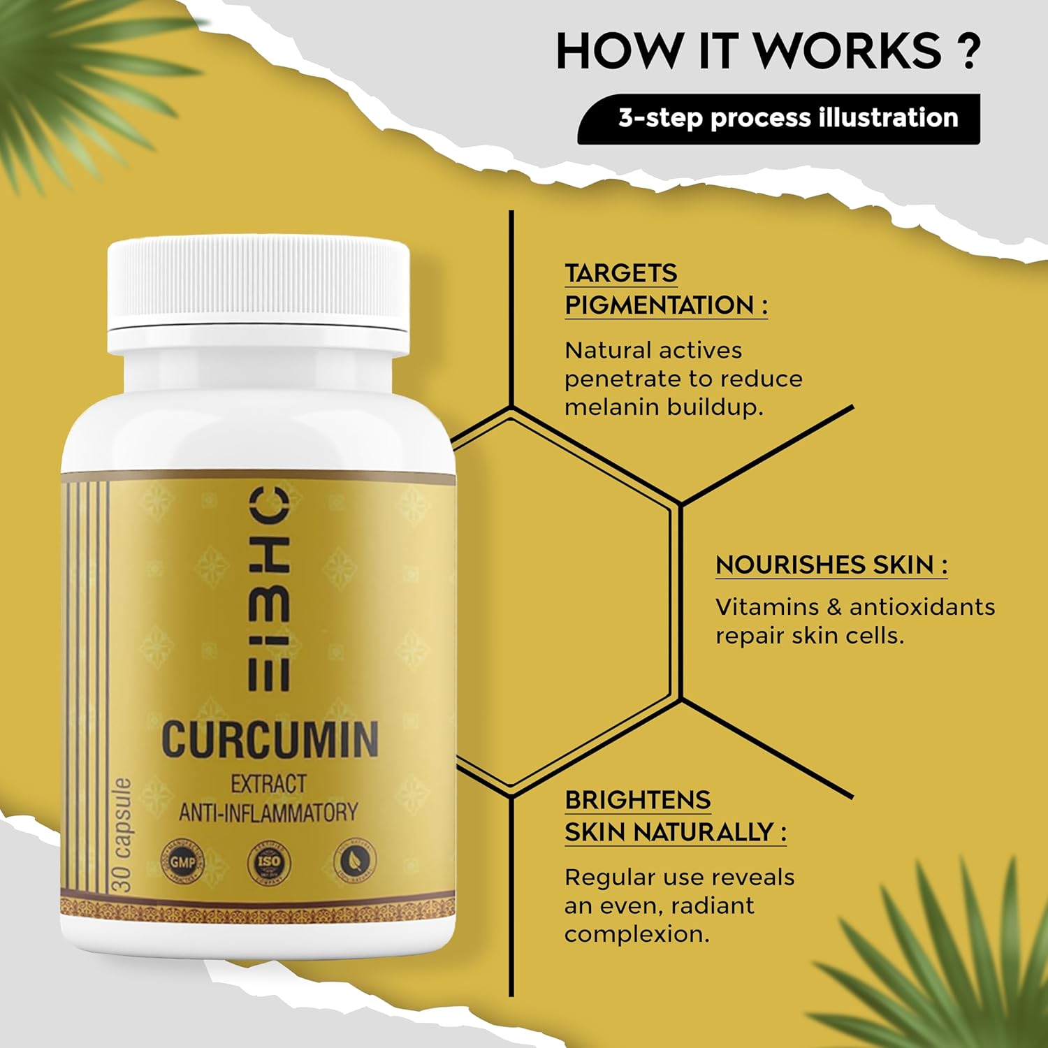 Pigmentation Removal Curcumin Capsules 30 Capsules – Ayurvedic Herbal Formula with Turmeric (Haldi) for Dark Spots Care & Natural Skin Brightening.