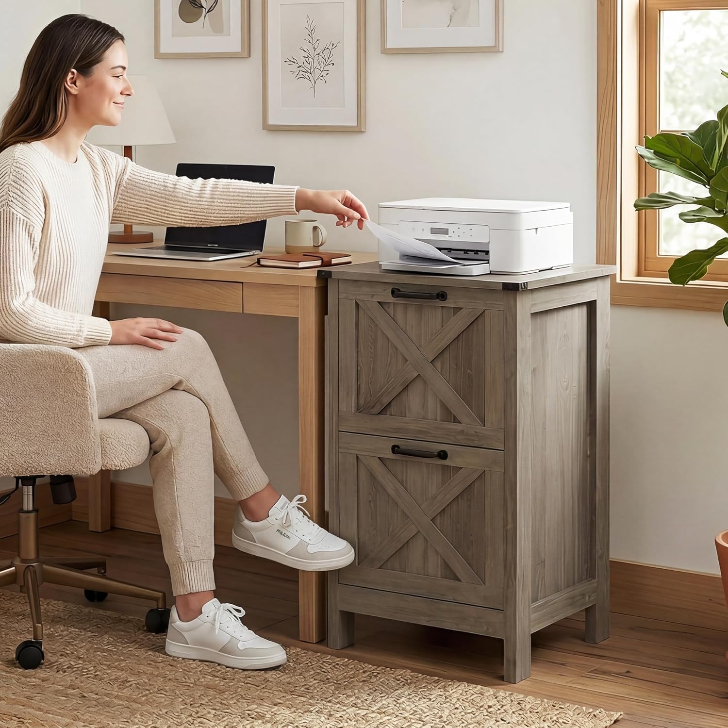 2 Drawer File Cabinet, Farmhouse Vertical Filing Cabinet, Large Wood File Storage Cabinets for 200 Files, Under Desk Small Wooden Printer Stand for Home Office, Rustic Grey