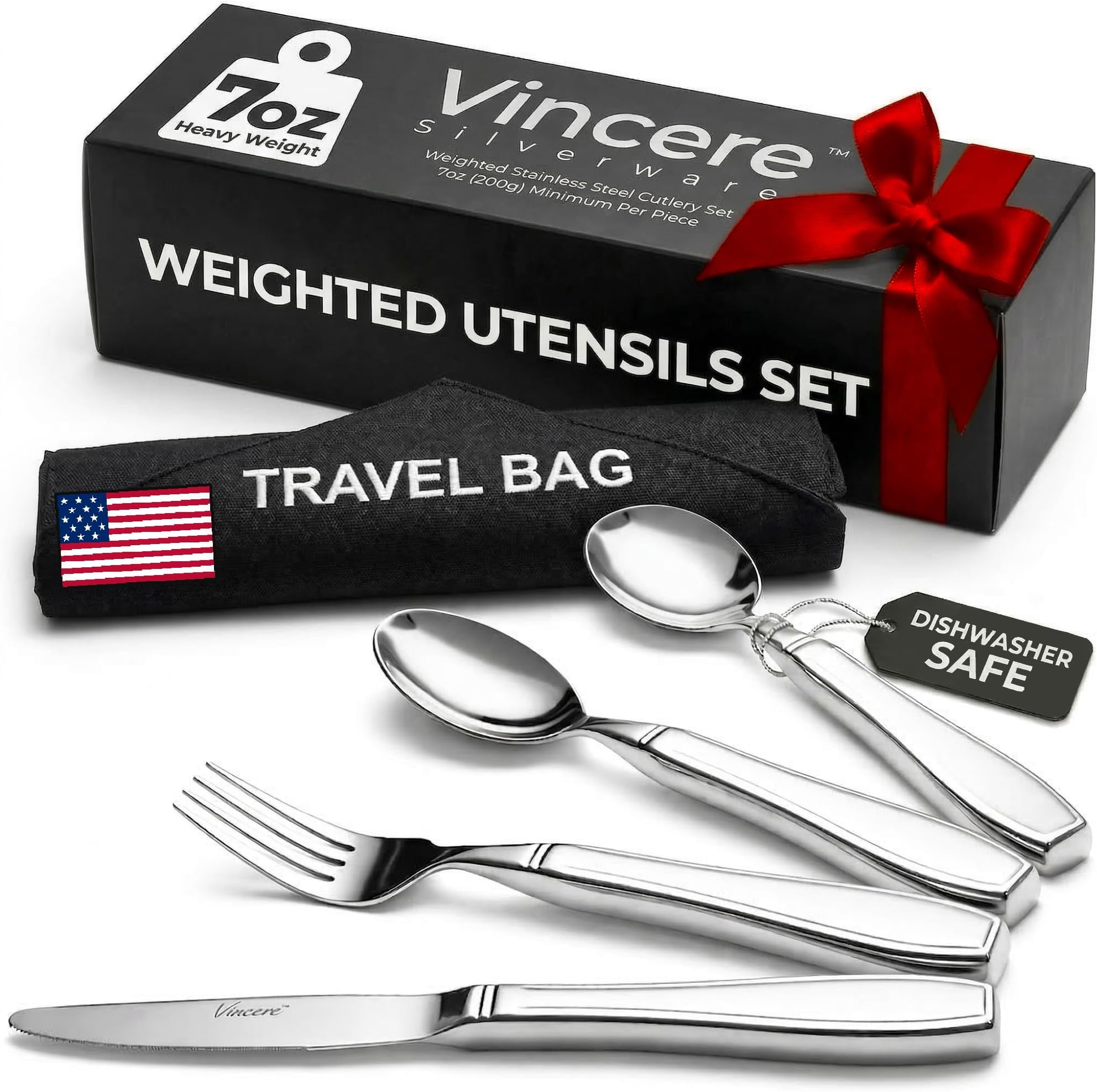 Weighted Utensils for Tremors and Parkinsons Patients - Heavy Weight Stainless Steel Silverware Set, Adaptive Eating Flatware Helps Hand Tremors, Parkinson, Arthritis - Knife, Fork, 2 Spoons & Bag