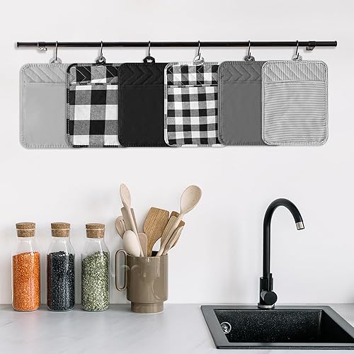 Vista 11 de R HORSE Juego de 6 soportes para ollas con bolsillo para cocina, juego de soportes negros de algodón resistente al calor, posavasos de tela de rizo