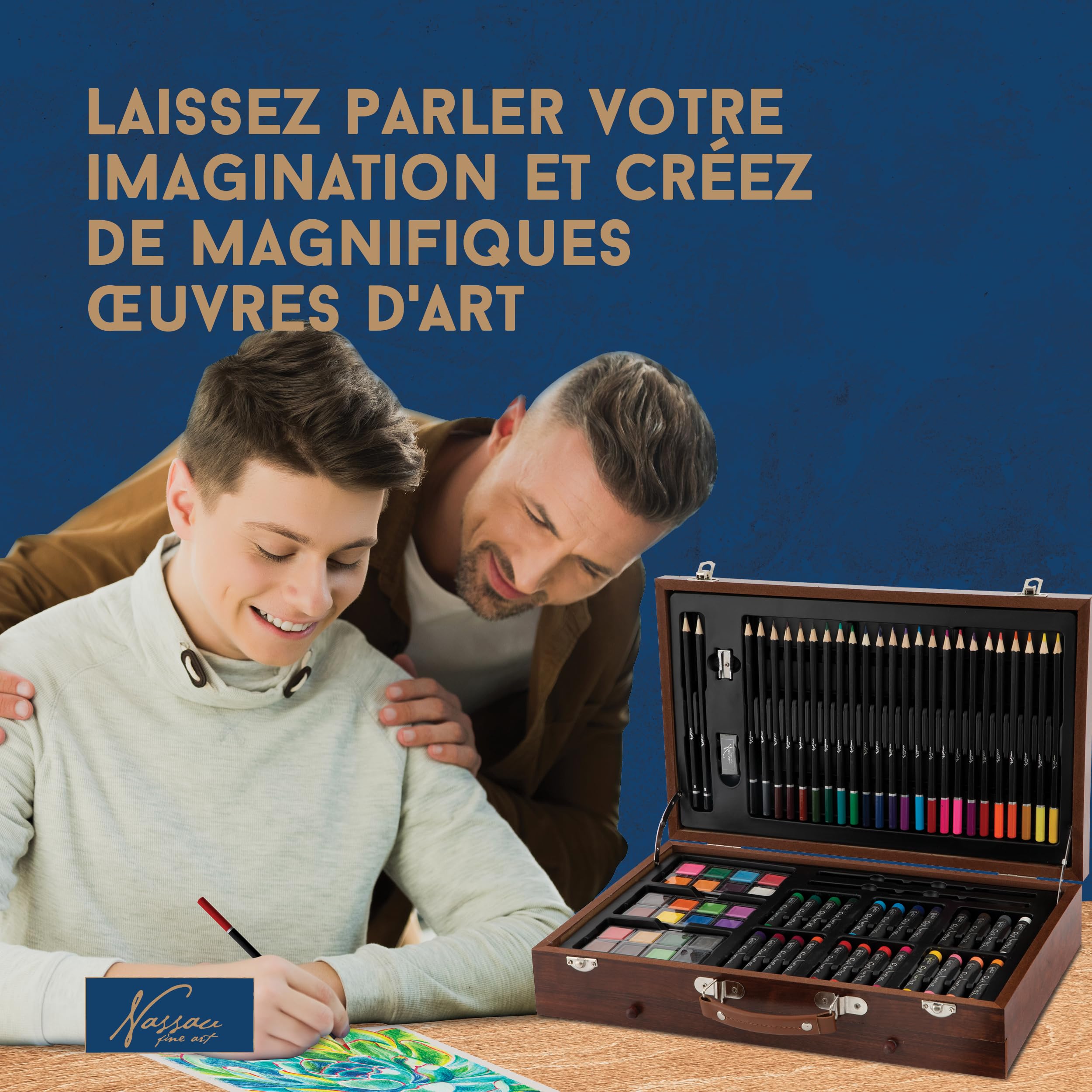 Nassau Fine Art Mallette de coloriage | Boîte à dessin d'art dans boîte de rangement en métal | Boîte de créativité pour enfants et adultes | Crayons de couleur, aquarelle, pastels | Loisirs, école et