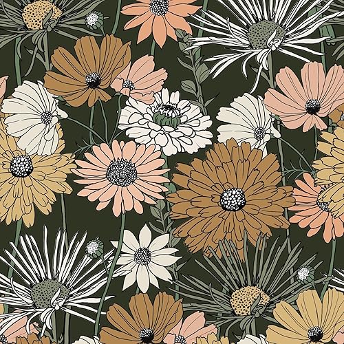 Papel tapiz floral verde de 394 pulgadas, papel de contacto de flores vintage bohemio texturizado, retro, autoadhesivo, extraíble, rollo de vinilo