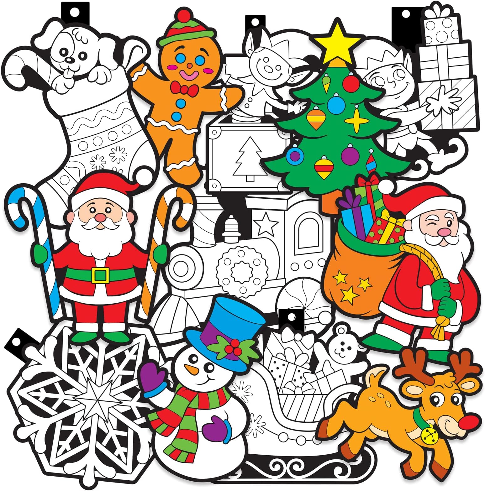Color Your Own Christmas Ornaments - 12 Pack - Kids Holiday Arts and Crafts Fun for All Ages - Family Holiday Project, Decorate, Color and Hang Xmas Tree Ornaments (Santa, Reindeer, and More)