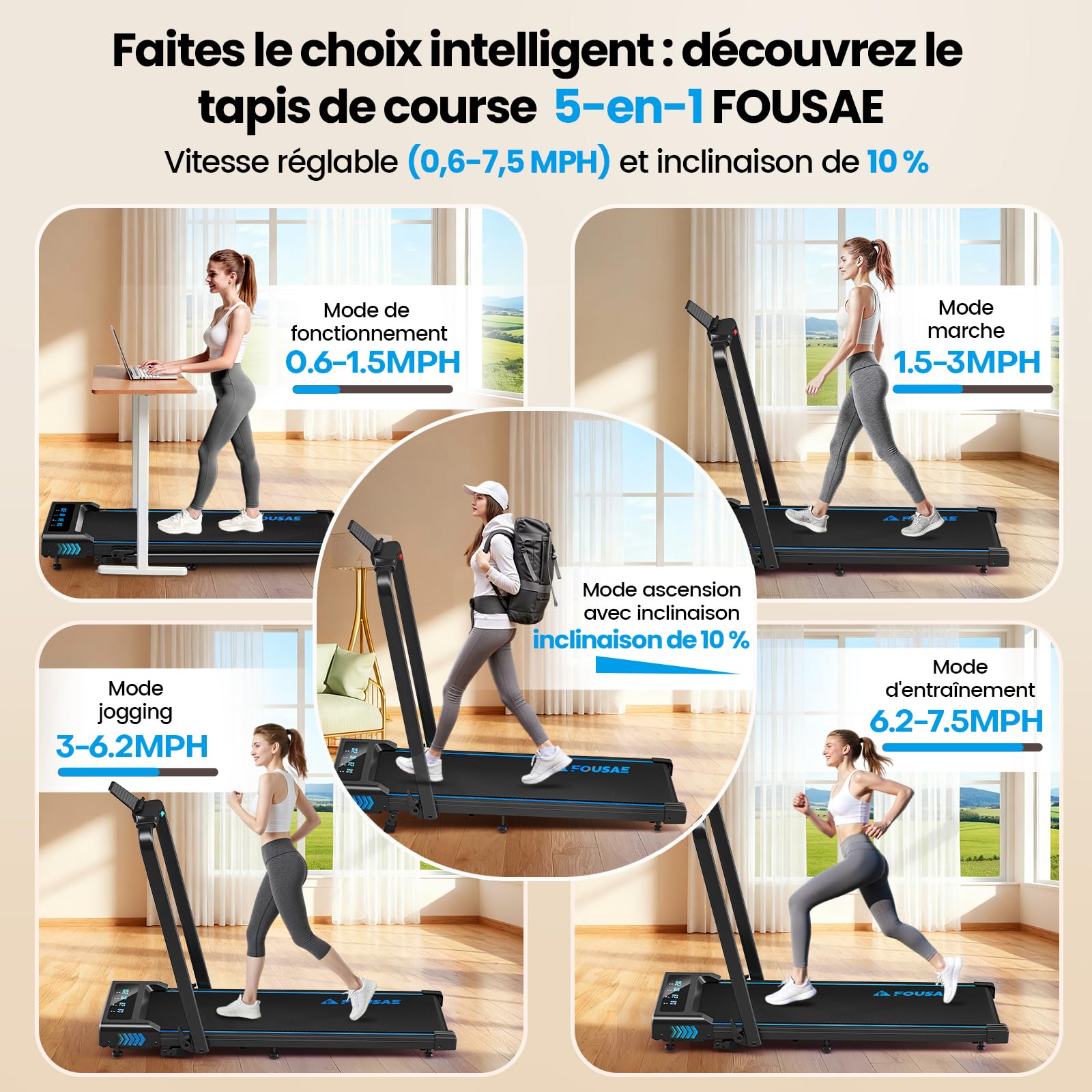 Tapis de Course, FOUSAE 12 Programmes HIIT Prédéfinis, 10% Tapis de Marche Inclinable, 12 KM/H, Moteur Haute Performance 2,75CV Silencieux, APP & Télécommande, Charge 158kg Fitness Intérieur