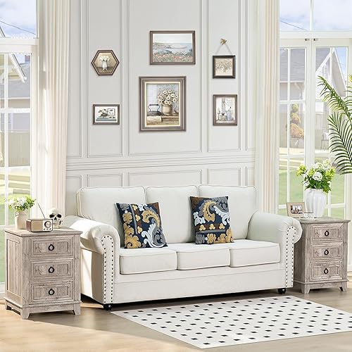 Miniatura 51 de Juego de 2 mesitas de noche estilo granja de 18" con estación de carga, cómoda con mesa auxiliar de 2 cajones para dormitorio, mesita de noche de