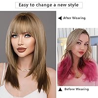 Vista 3 de 7JHH WIGS - Peluca de 20 pulgadas de cabello largo y liso con flequillo y corte en capas, tinte natural con cola de cabello marrón y raíces