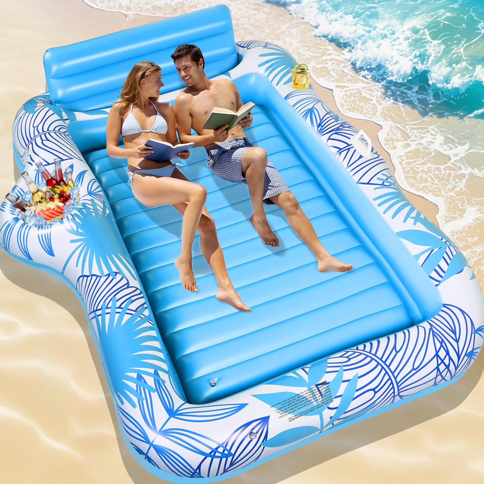 Charmofun Materassino Gonfiabile Abbronzante, Materassino Gonfiabile Piscina con Portabicchieri e Bar del Ghiaccio, Lettino Abbronzante Zattera Piscina per Adulti Spiaggia Cortile Festa
