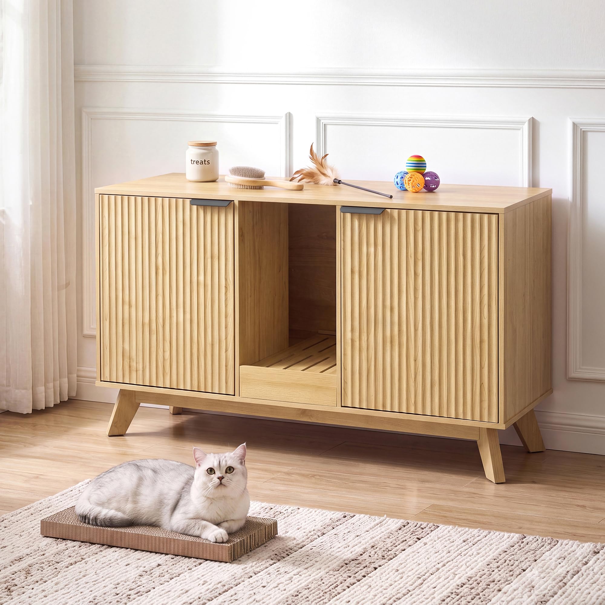 Seang Double Cat Litter Box Enclosure for 2 Cats,Fluted Hidden Litter Box Furniture with Litter Collector &amp; Scratch Pad,47" Large Enclosed Cat Cabinet,Cat House,TV Stand,for Living Room,Natural
