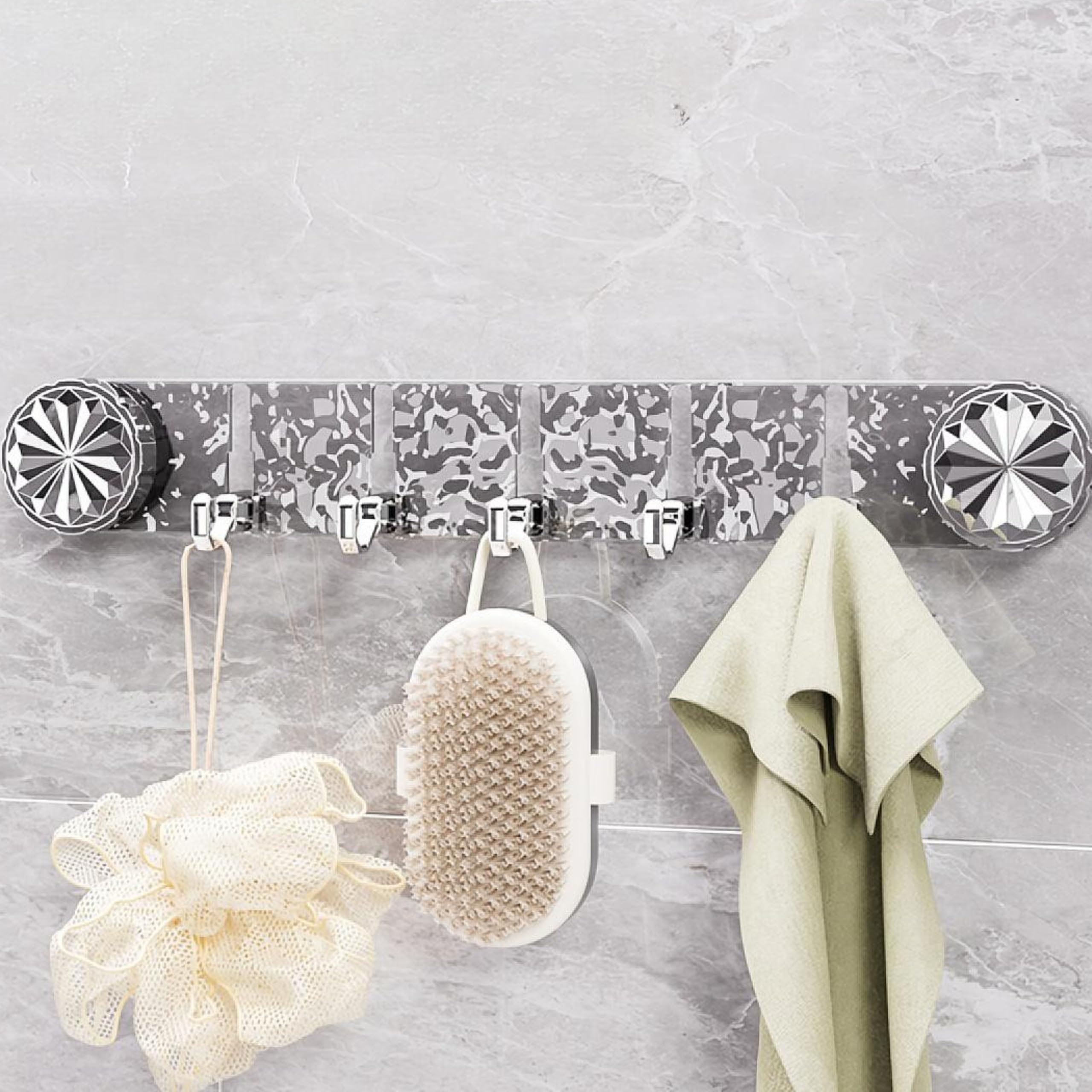 HRK Self-Adhesive Wall Hook Rack with 6 Hooks, 40x6 cm, Silver | No Drilling Required, Bathroom Organiser, Crystal End Caps, Towel and Robe Hooks, Marble Pattern Finish-image-28