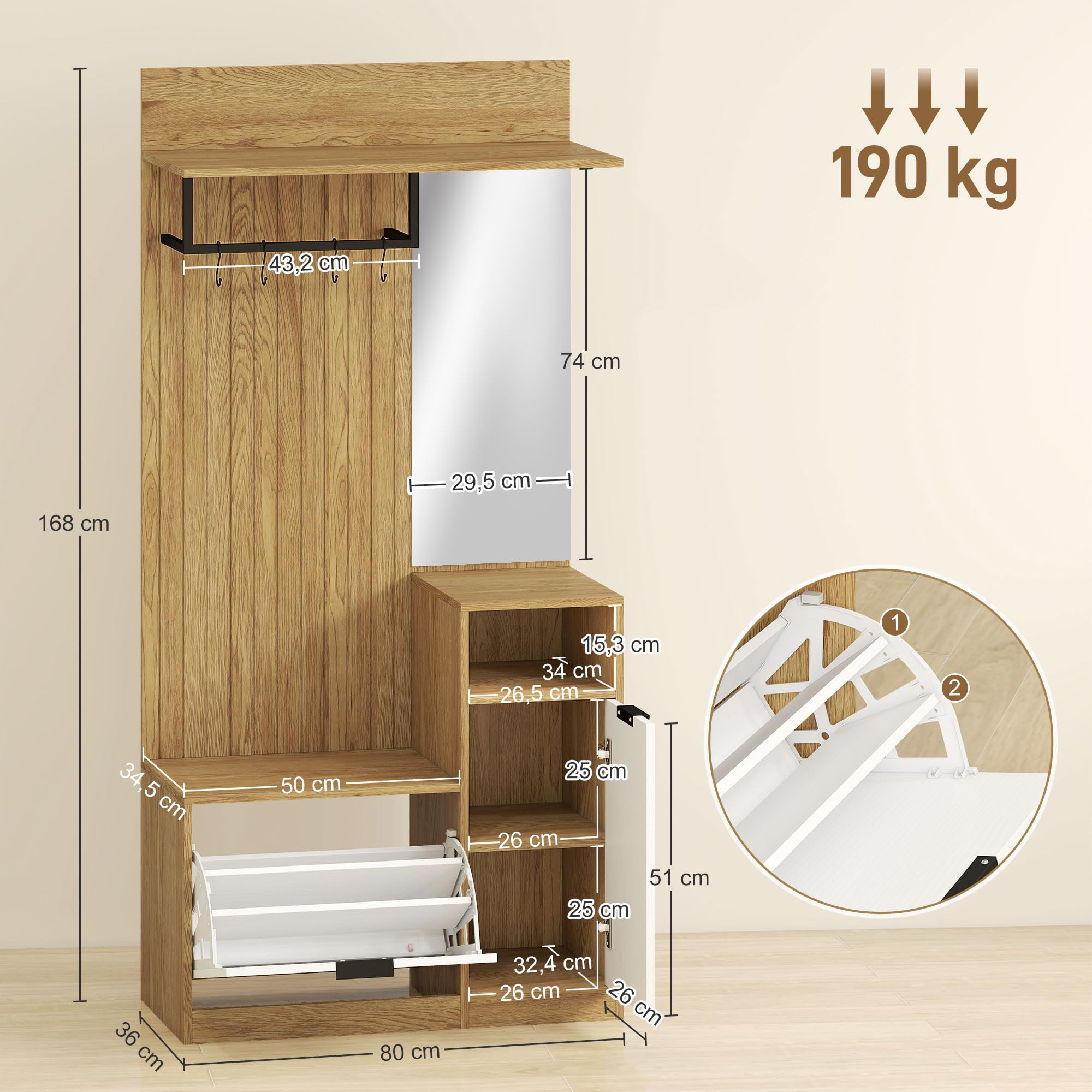 HOMCOM Perchero Zapatero, Perchero Entrada Recibidor con Zapatero, Espejo, Armario, Estantes Abiertos y 4 Ganchos, Estilo Moderno, para Pasillo Dormitorio, 80x36x168 cm, Roble