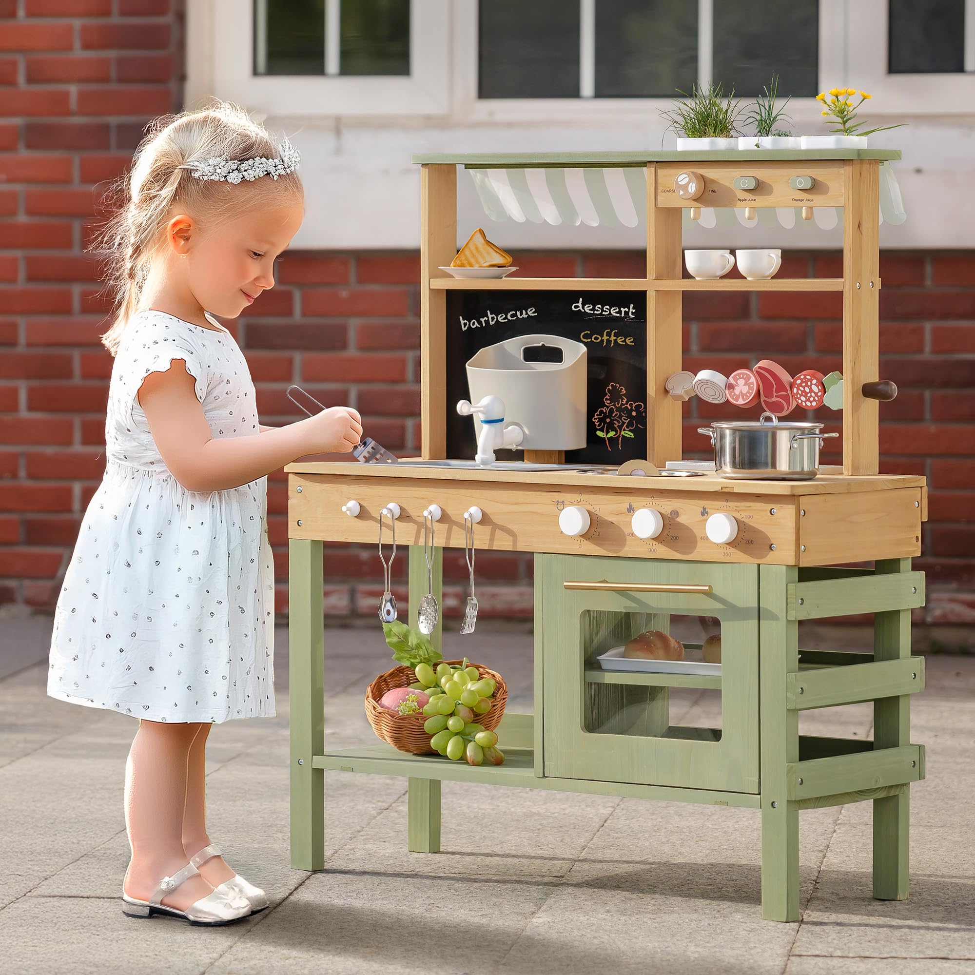 ROBOTIME Mud Kitchen for Kids, Outdoor Wooden Playset with Mud Kitchen, Sink, BBQ Grill, Coffee Maker, Planting Area & Oven, Pretend Play Kitchen for Outdoor Fun Ages 3+