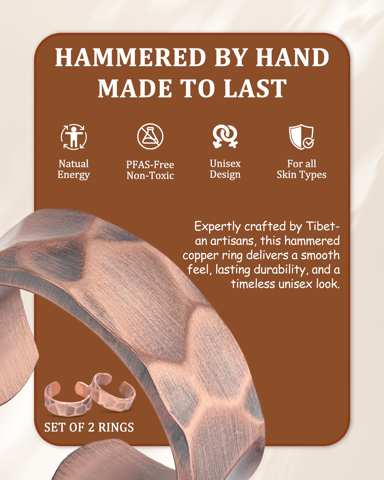 BioMag Anelli in rame puro al 100% per uomo e donna (2 pezzi) - Rame massiccio grezzo, non rivestito, fatto a mano, regolabile, design aperto in stile tibetano (superficie martellata)