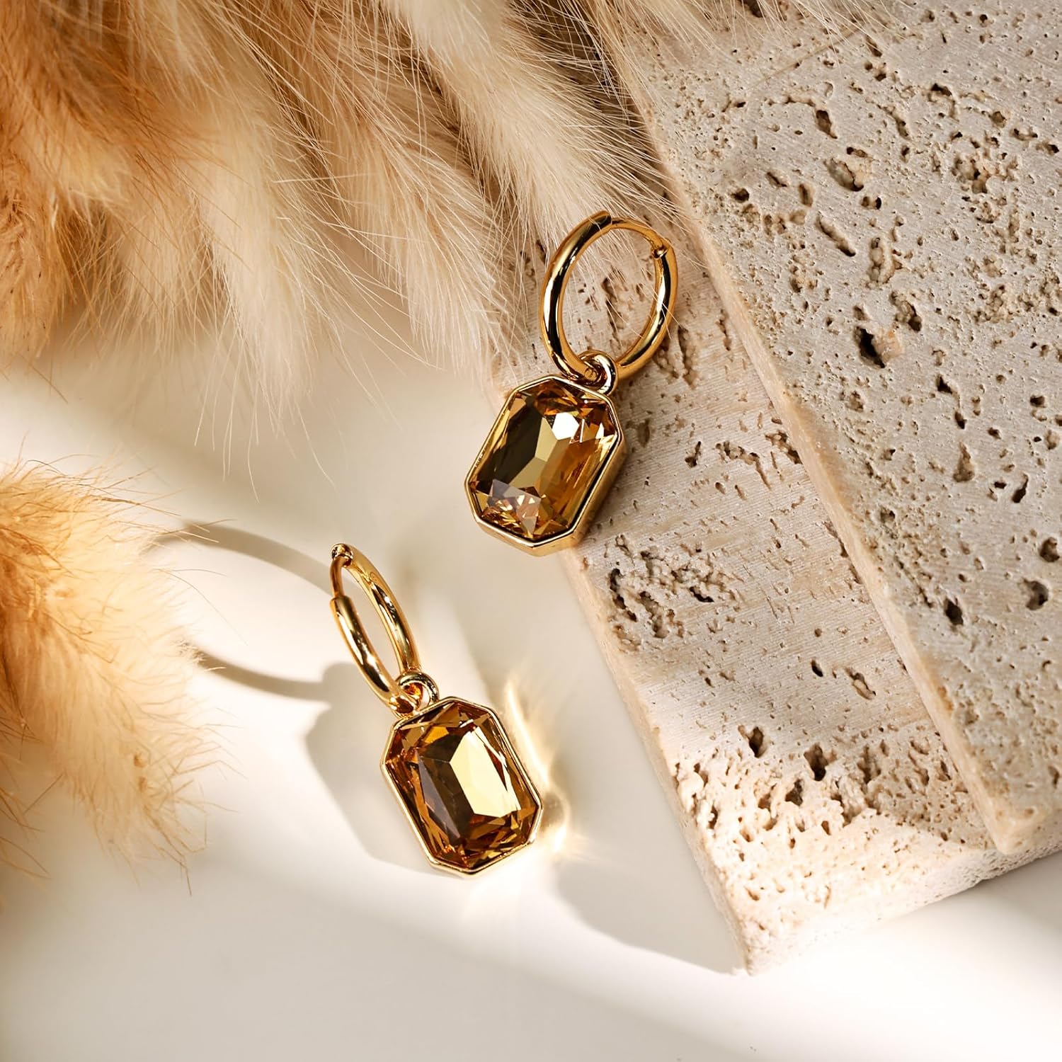 Gold Hoop Dangle Earrings - Citrine Gemstone Crystal Drop Earrings, Hypoallergenic Vintage Hoop Earrings for Formal & Daily Wear - Image 6