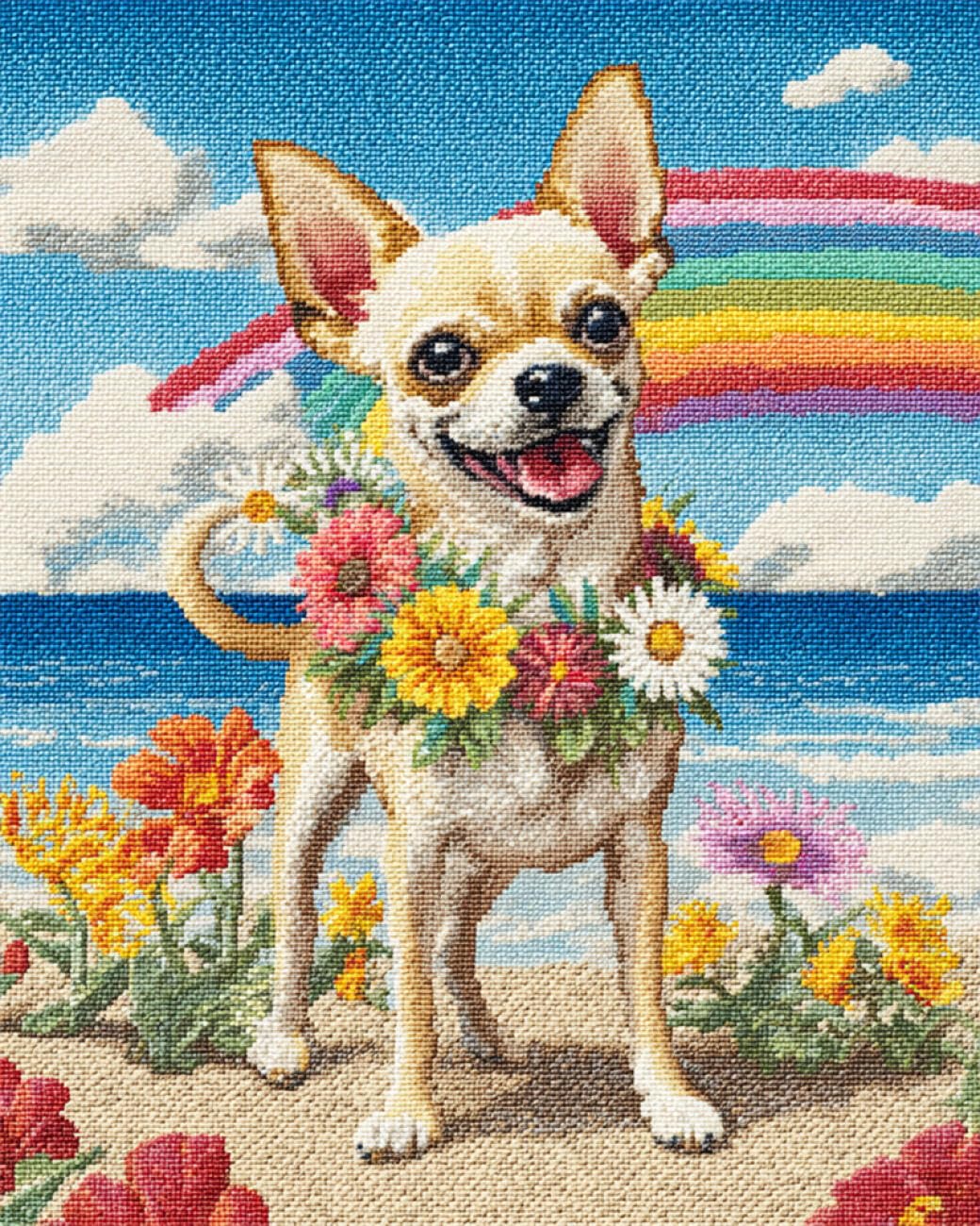 AxiangziK DIY Printed Cross Stitch Kit Chihuahua and Rainbow 11CT 40x50cm