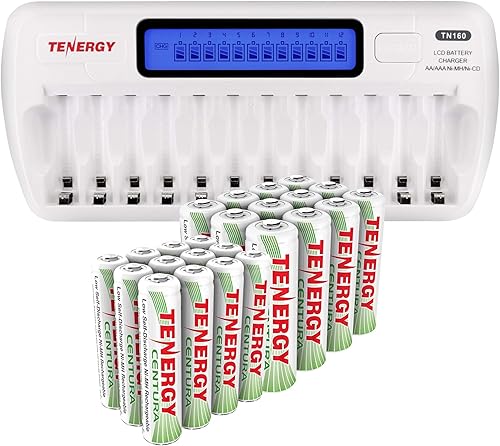 Tenergy TN160 y 24 baterías recargables Centura, 12 pilas AA, 12 pilas AAA, luces solares ideales, controles remotos, juguetes, linternas, mouse de
