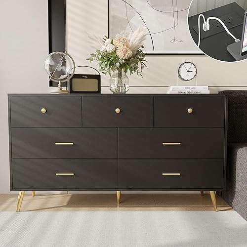 Cómoda negra para dormitorio cómoda de 6 cajones cómoda de madera con asas doradas cómoda moderna y cómoda para dormitorio de niños sala de estar