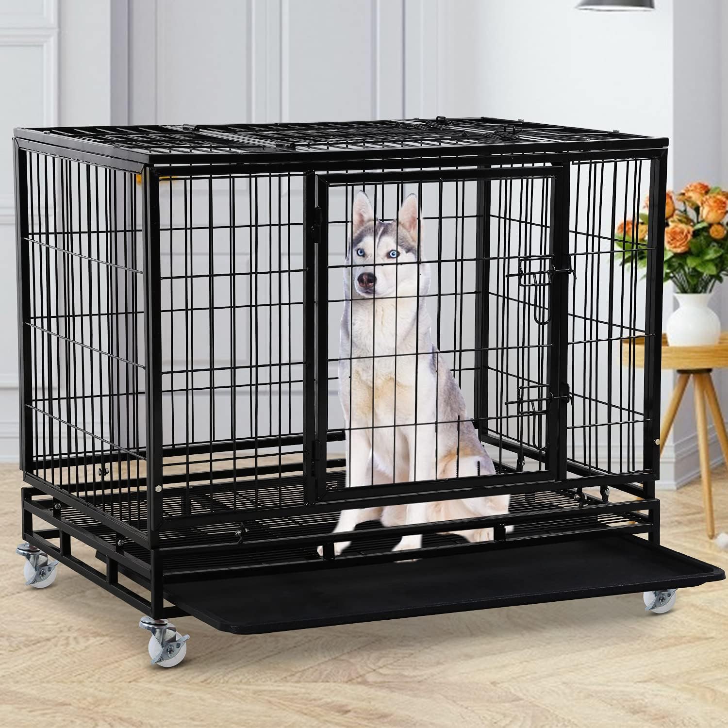 Dog Cage Crate Heavy Duty Sturdy Metal 48/36" Large Pet Dog Kennel Fence for Training, Indoor and Outdoor Dog Fence with Lockable Wheels and Plastic Tray and Double Door Lock Design,Black : Pet Supplies