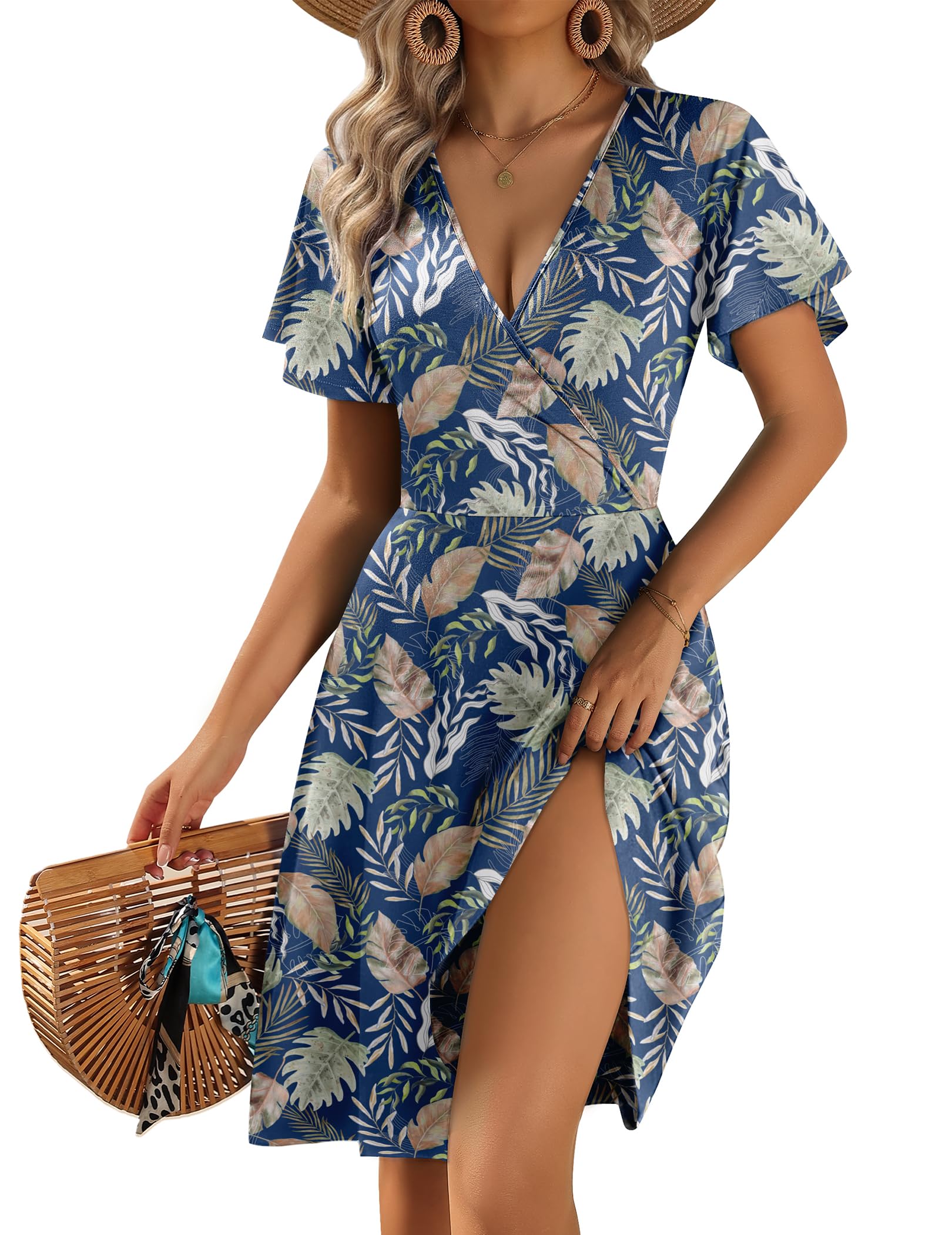 Womens Summer Dresses Wrap V Neck Dress Floral A-Line Ruffle Sleeve Casual Sundress with Pockets 2026