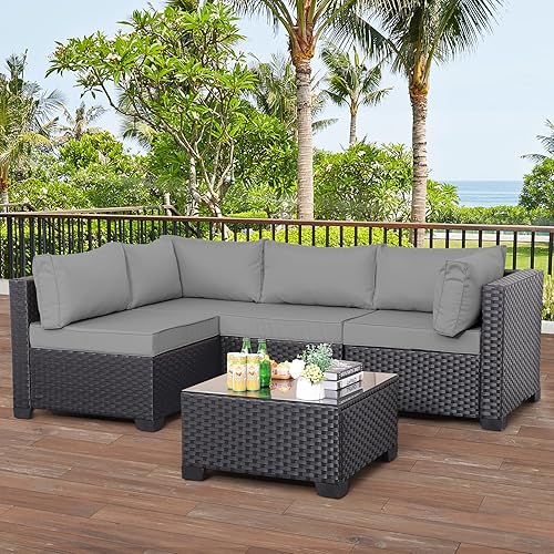 WAROOM Outdoor Patio PE Wicker 5 Piece Furniture Set, Black Rattan Sectional Conversation Sofa Chair with Coffee Table, Grey Cushion - Coffee Table Set - Grey