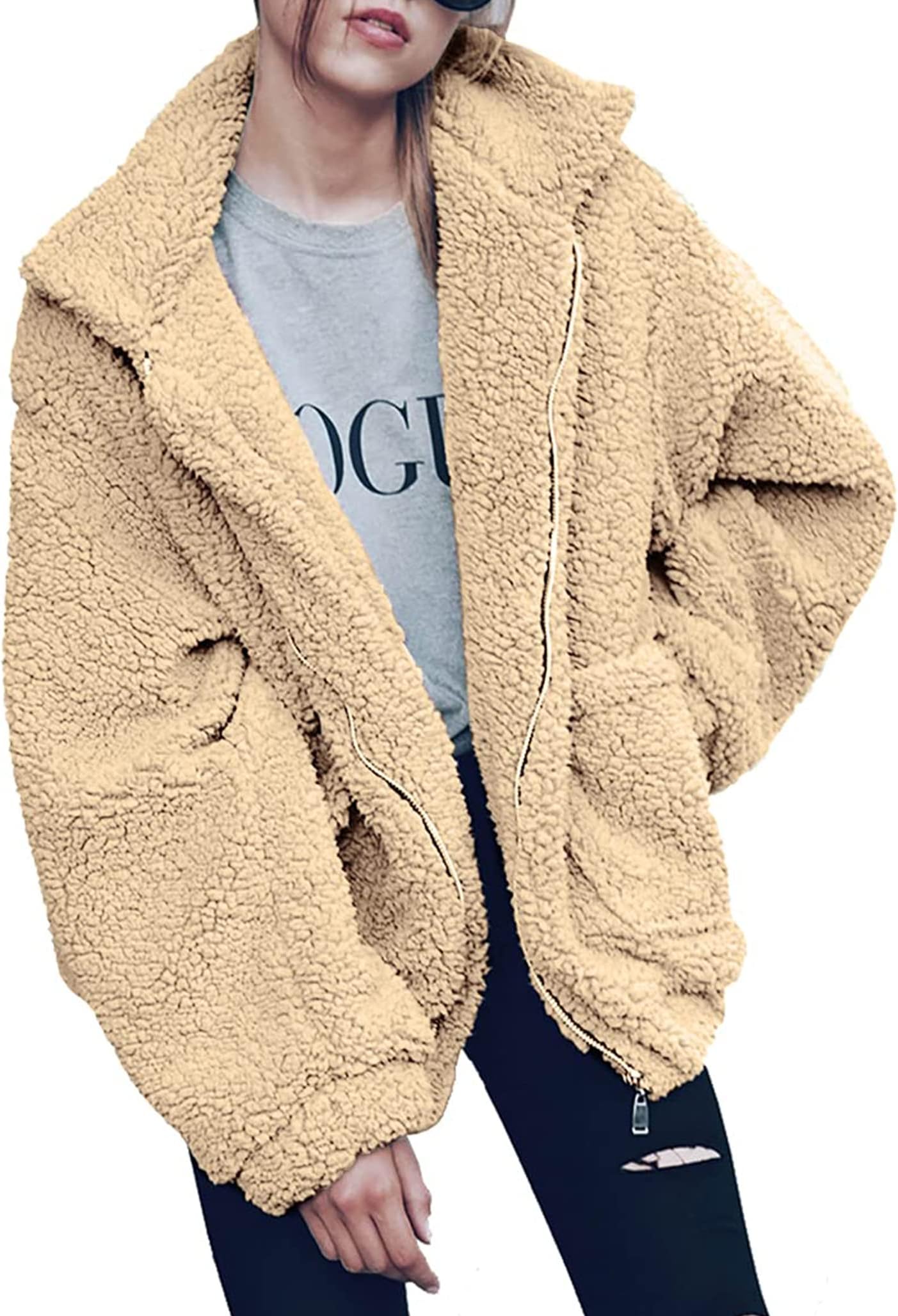 PRETTYGARDENWomen's Fashion Winter Coat Long Sleeve Lapel Button Faux Shearling Shaggy Oversized Shacket Jacket