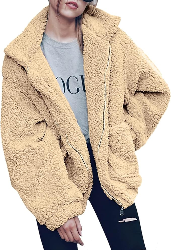 PRETTYGARDEN Women's 2023 Fashion Winter Coat Long Sleeve Lapel Zip Up Faux Shearling Shaggy Oversized Shacket Jacket