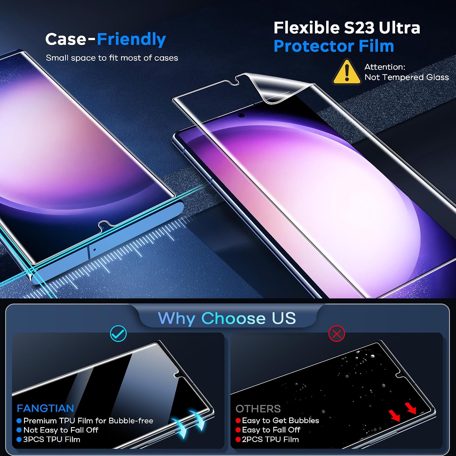 FANGTIAN 3-Pack for Samsung Galaxy S23 Ultra/S22 Ultra Screen Protector [Auto Alignment] - Film for S23 Ultra Screen Protector-[Easy Installation][Fingerprint Compatible][Not Glass][6.8Inch] thumbnail